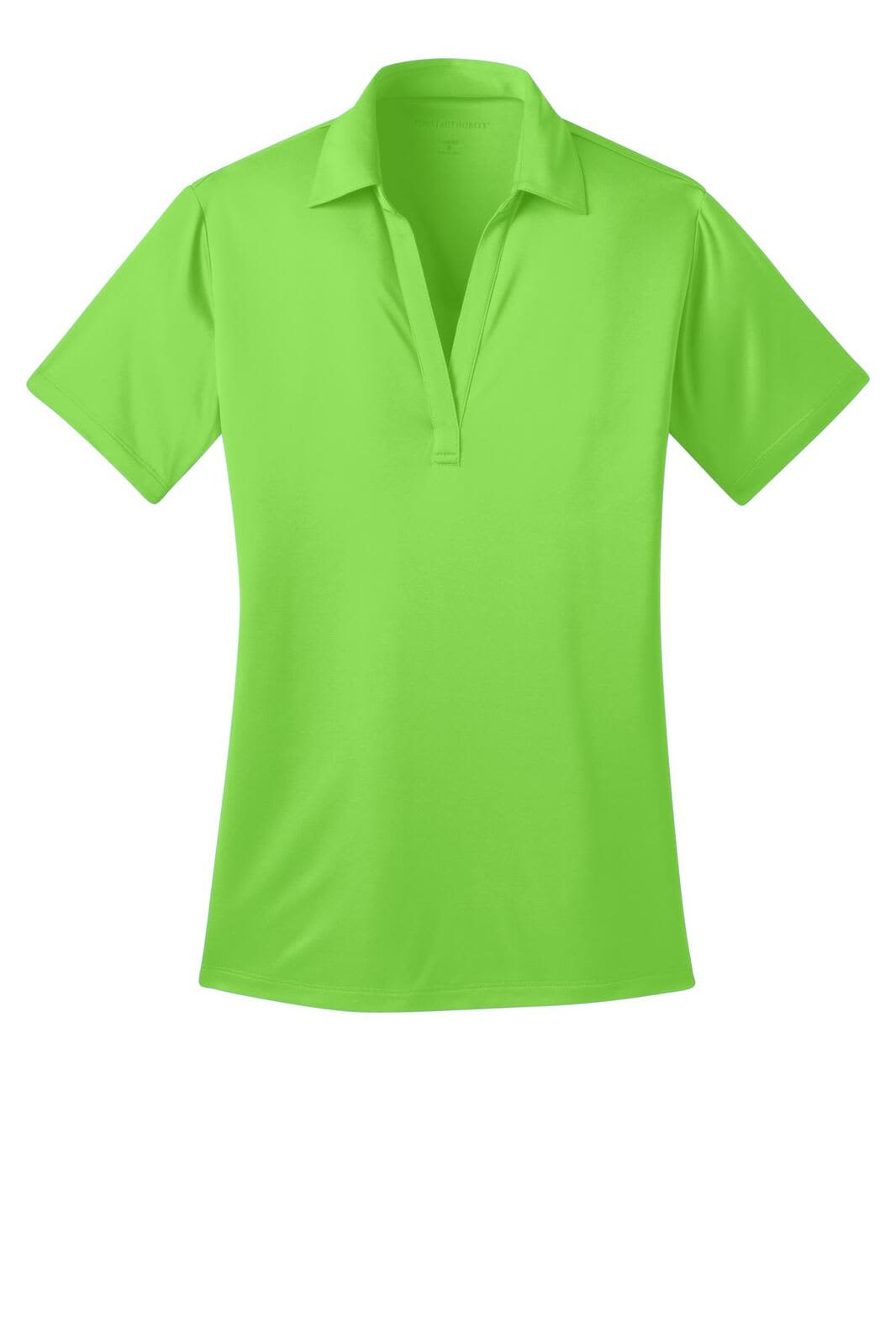 A bright green ladies' polo shirt featuring a collar and short sleeves, with a logo on the chest.