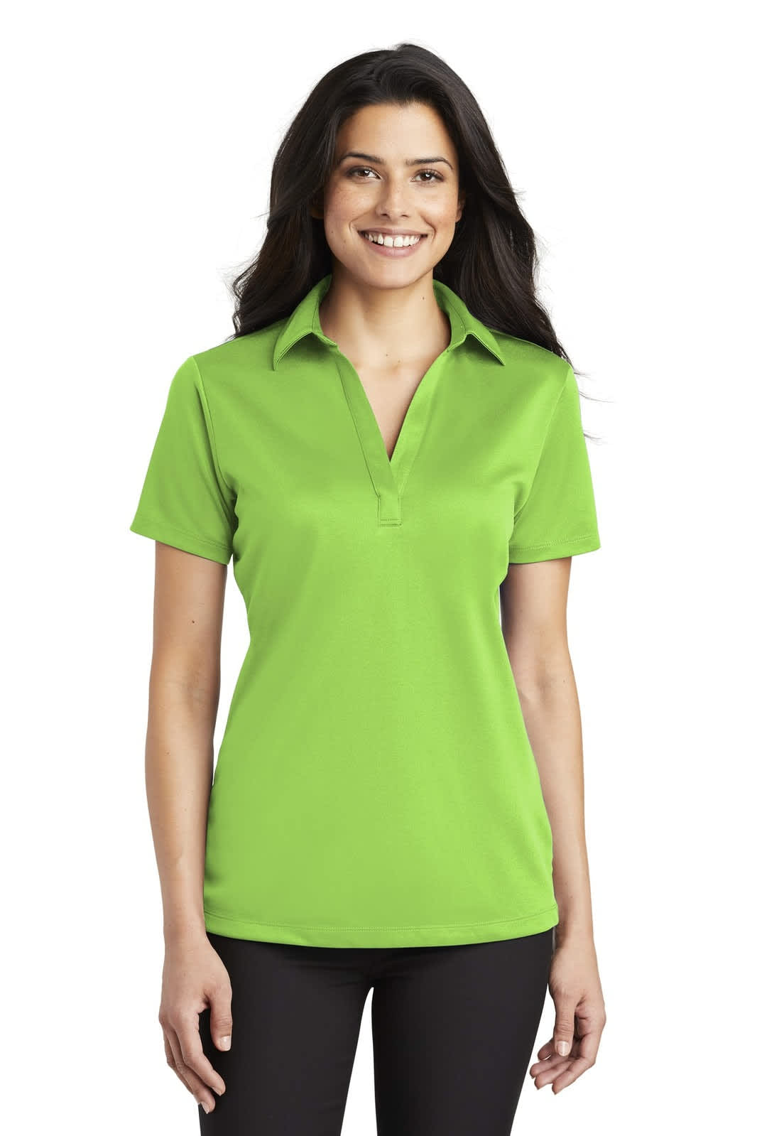 A women's polo shirt in vibrant green with a collar and short sleeves, featuring a logo.