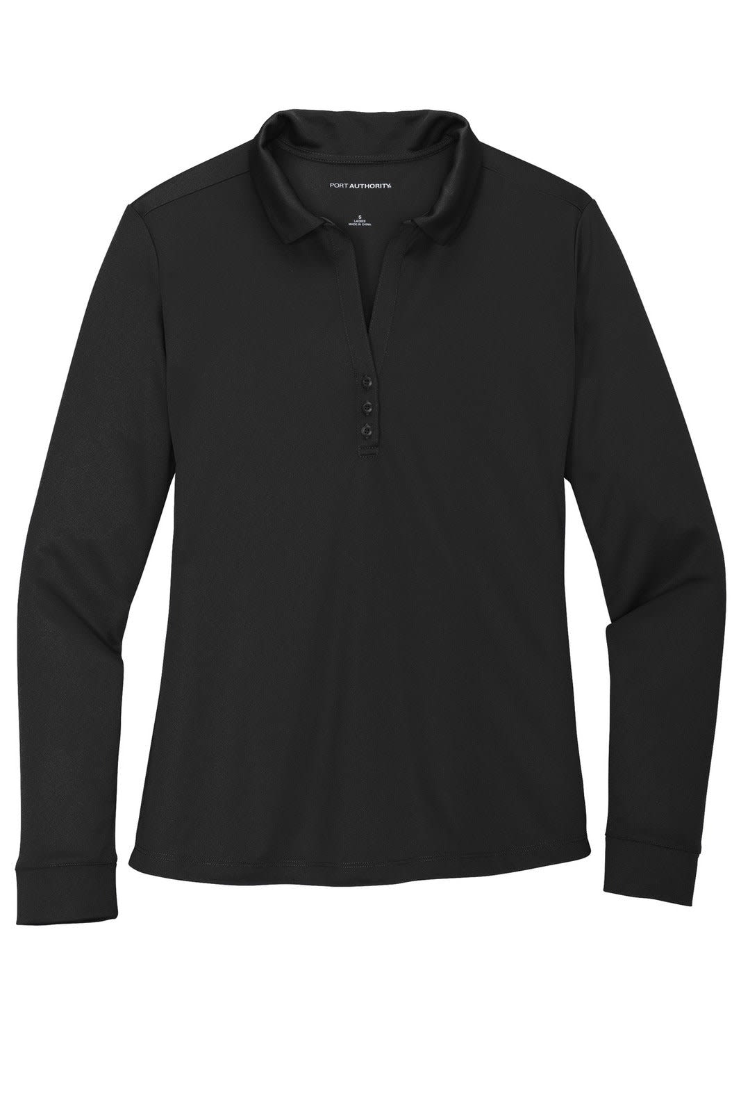 A black long sleeve polo shirt with a button placket and a collar. It features a logo on the chest.