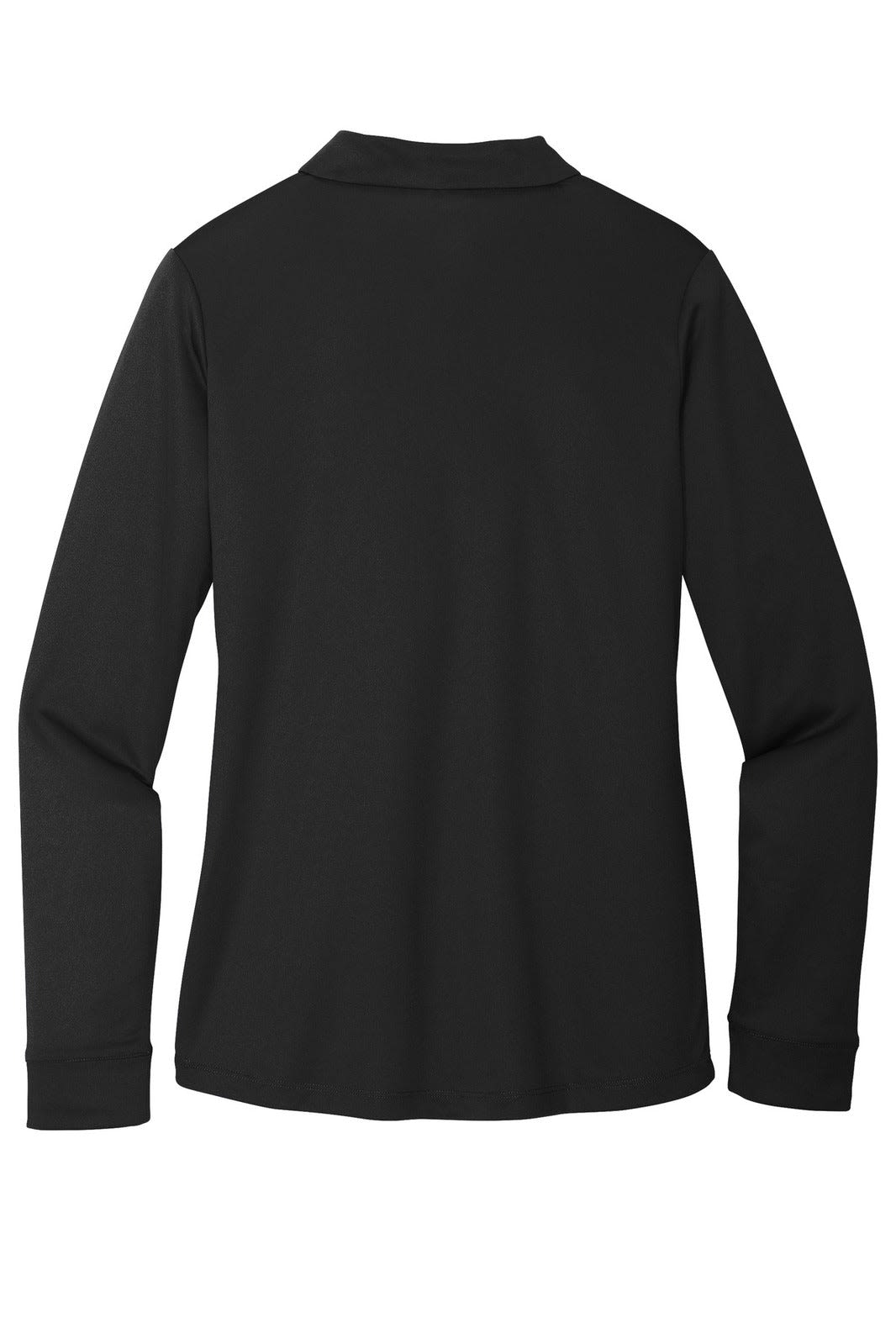 A black long sleeve polo shirt with a collar and tapered fit, featuring a logo on the back.