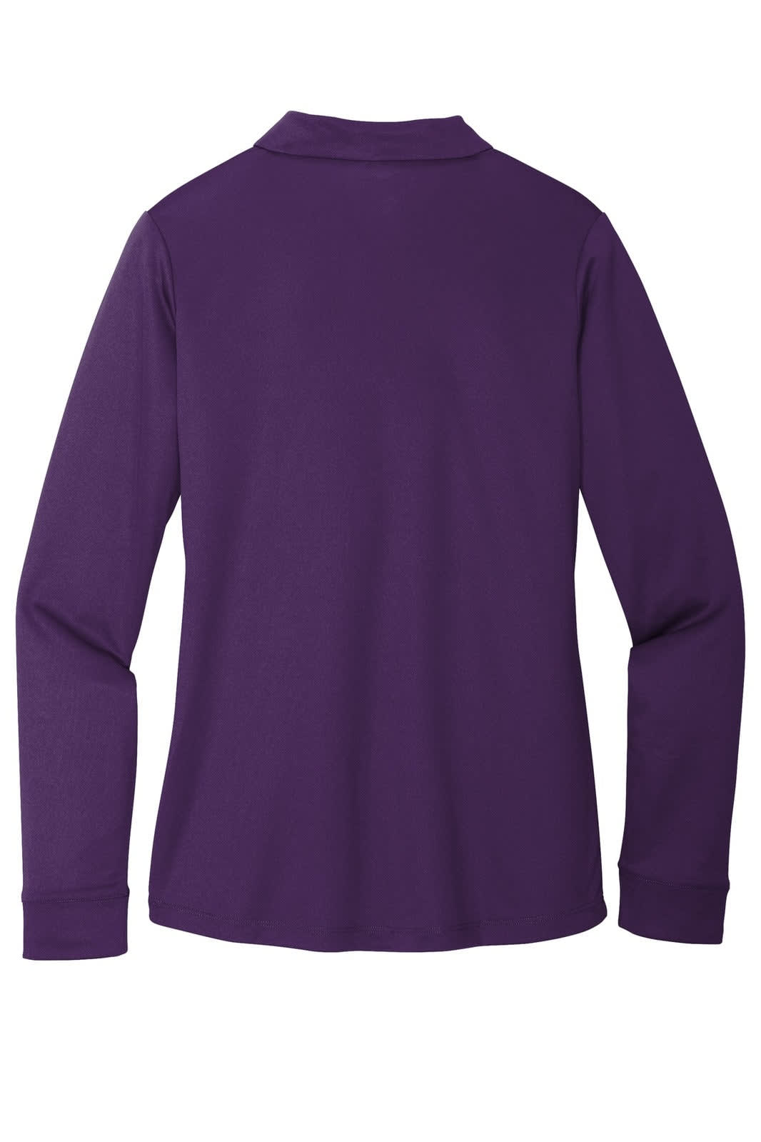 A long sleeve polo shirt in purple, featuring a classic collar and a logo on the back.