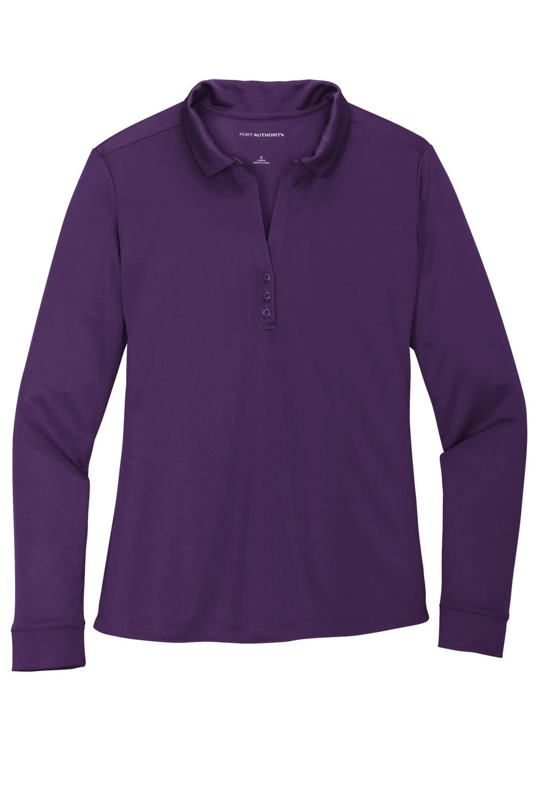 A purple long sleeve polo shirt with a collar and button placket, featuring a logo on the chest.