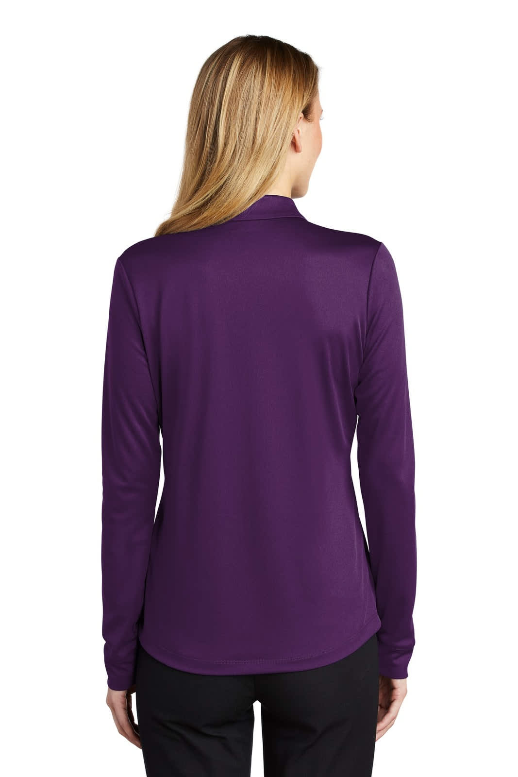 A purple long sleeve polo shirt with a collar and a branded logo on the back.