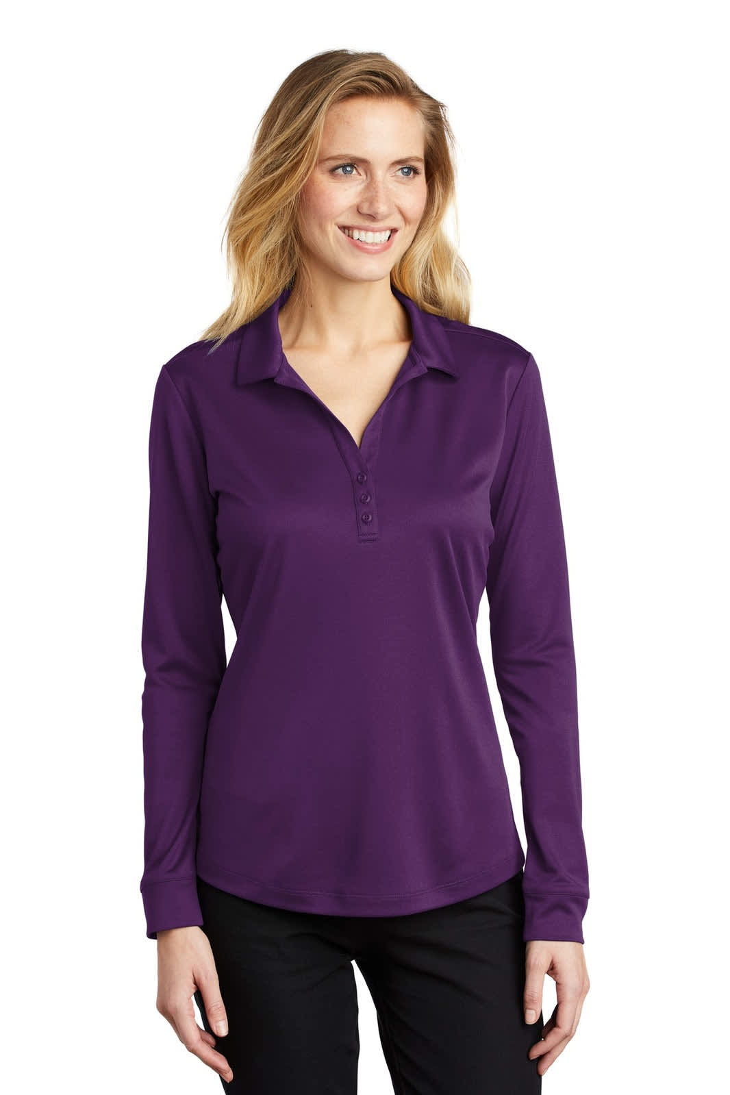 A long sleeve polo shirt in purple with a collar and button placket, featuring a logo on the chest.