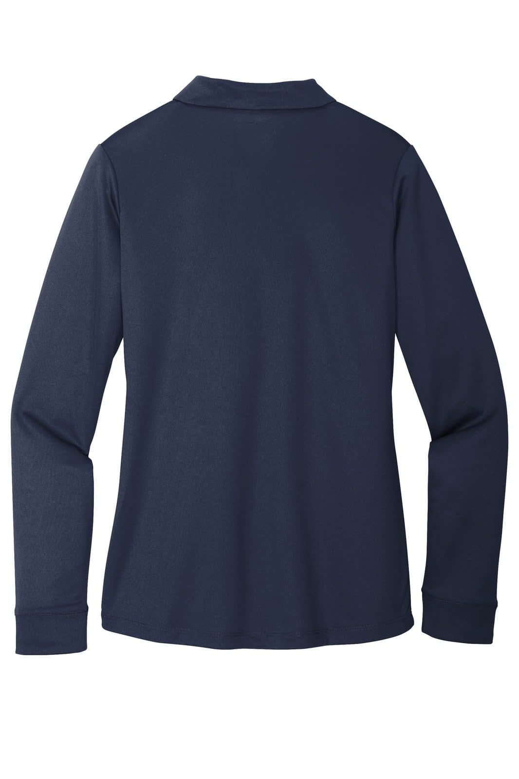 A navy long sleeve polo shirt featuring a classic collar and a logo on the front.