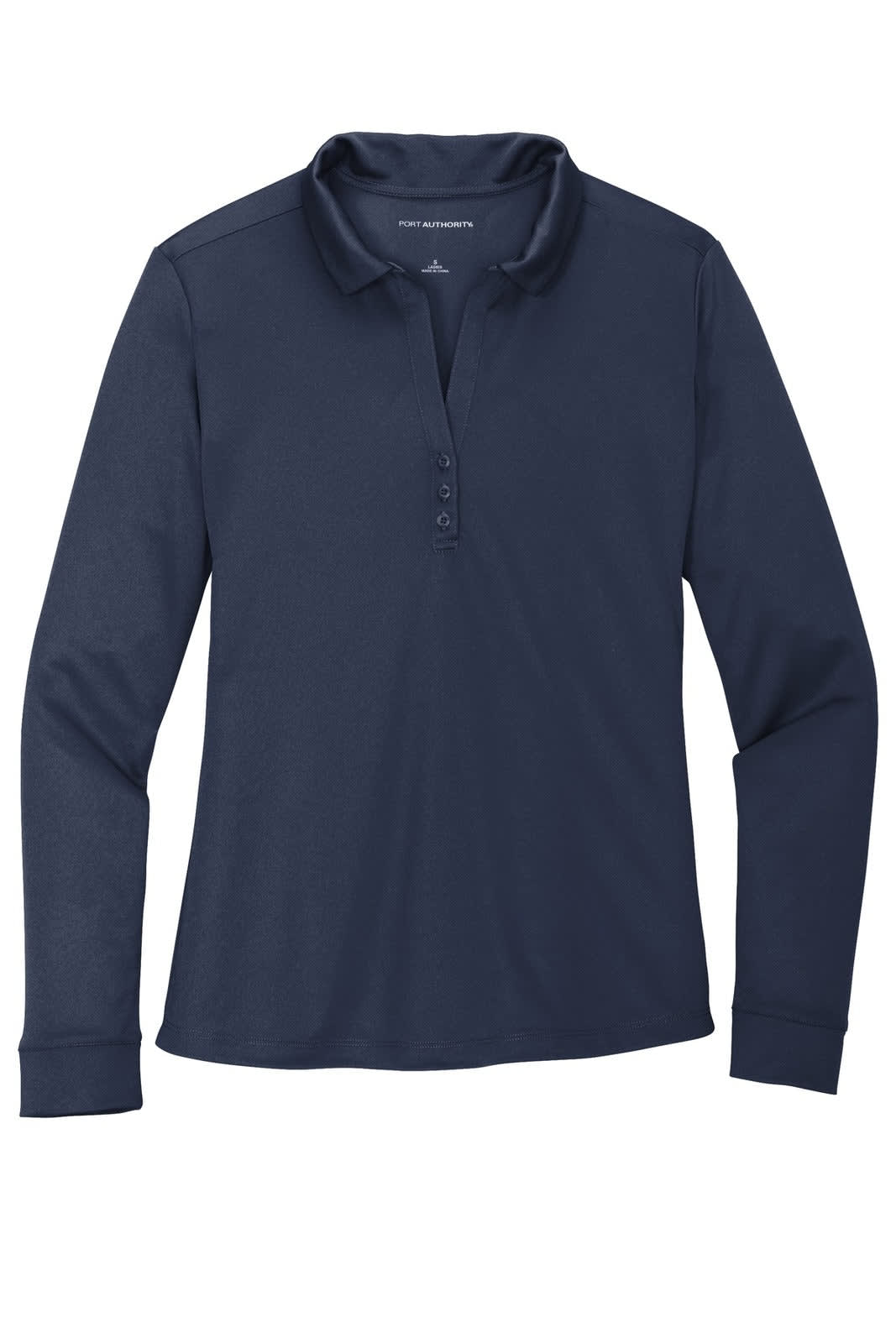 A navy long sleeve polo shirt with a collar and button placket, featuring a logo.