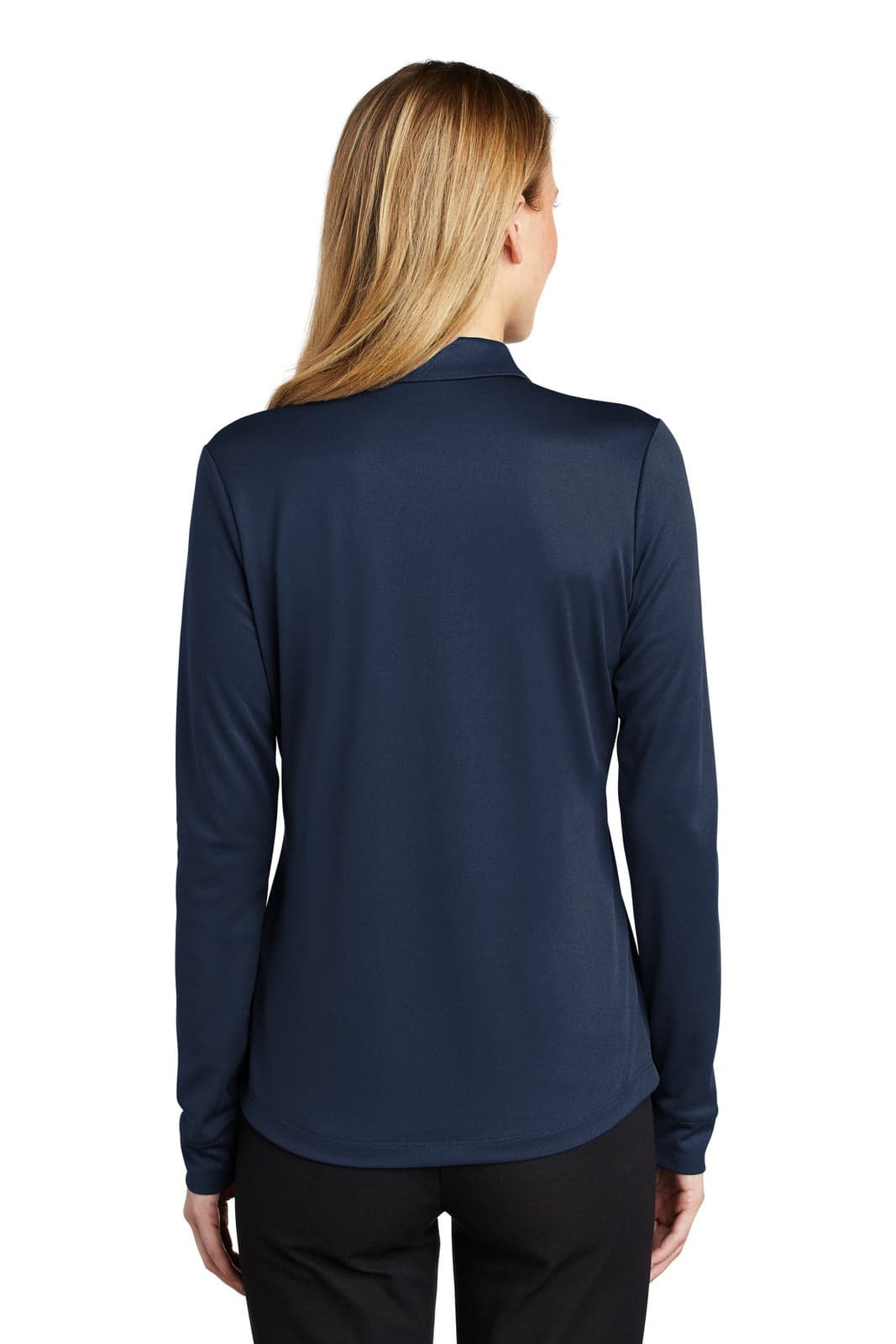 A navy long sleeve polo shirt with a smooth finish and a collar, featuring a logo on the back.