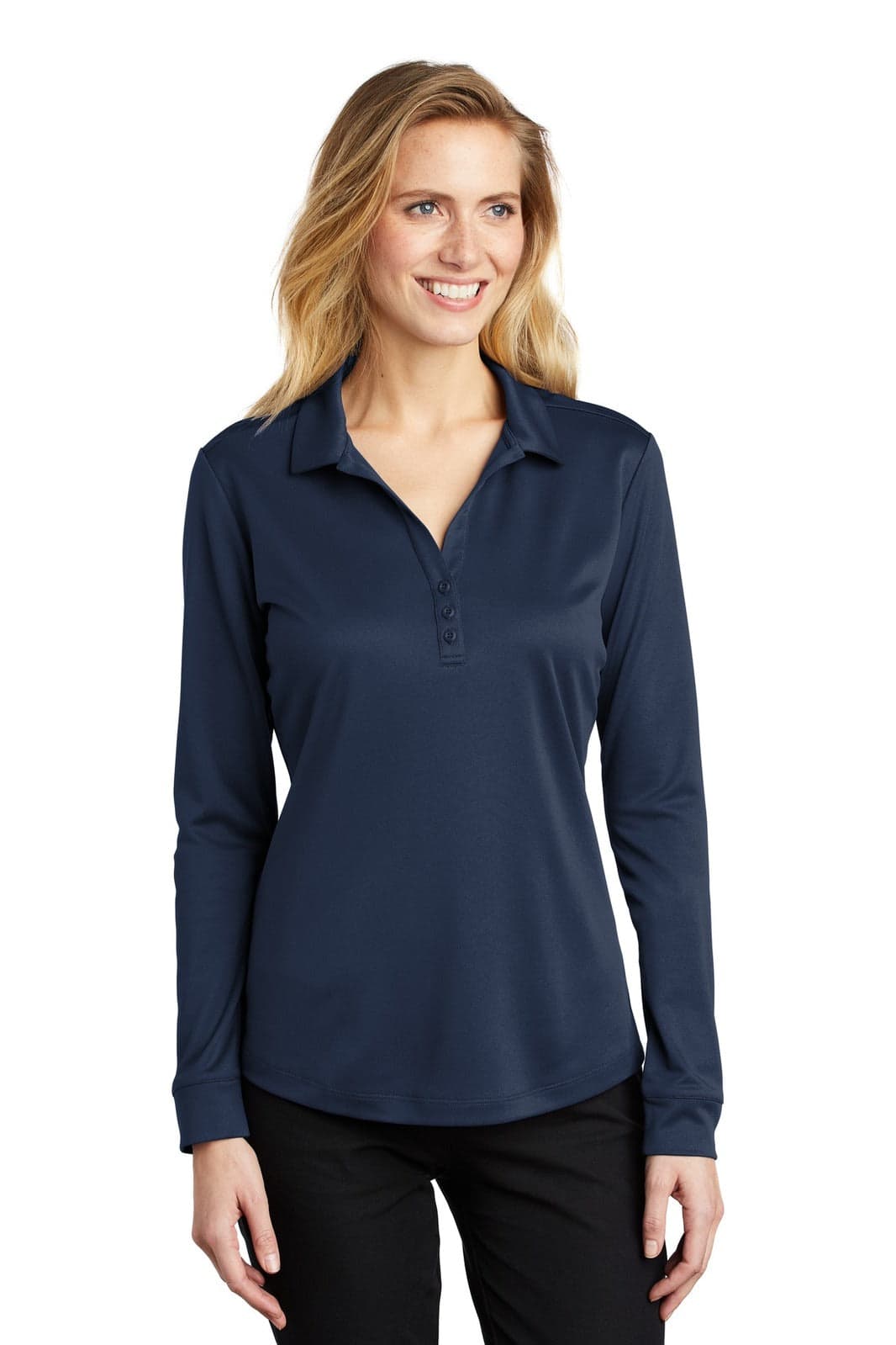 A navy long sleeve polo shirt for women with a collar and a logo. Made from a silk-touch performance fabric.