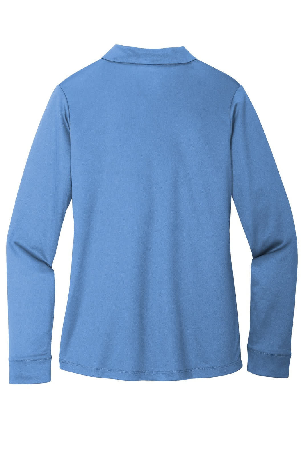A long sleeve polo shirt in a light blue colour, featuring a collar and a branding logo on the back.
