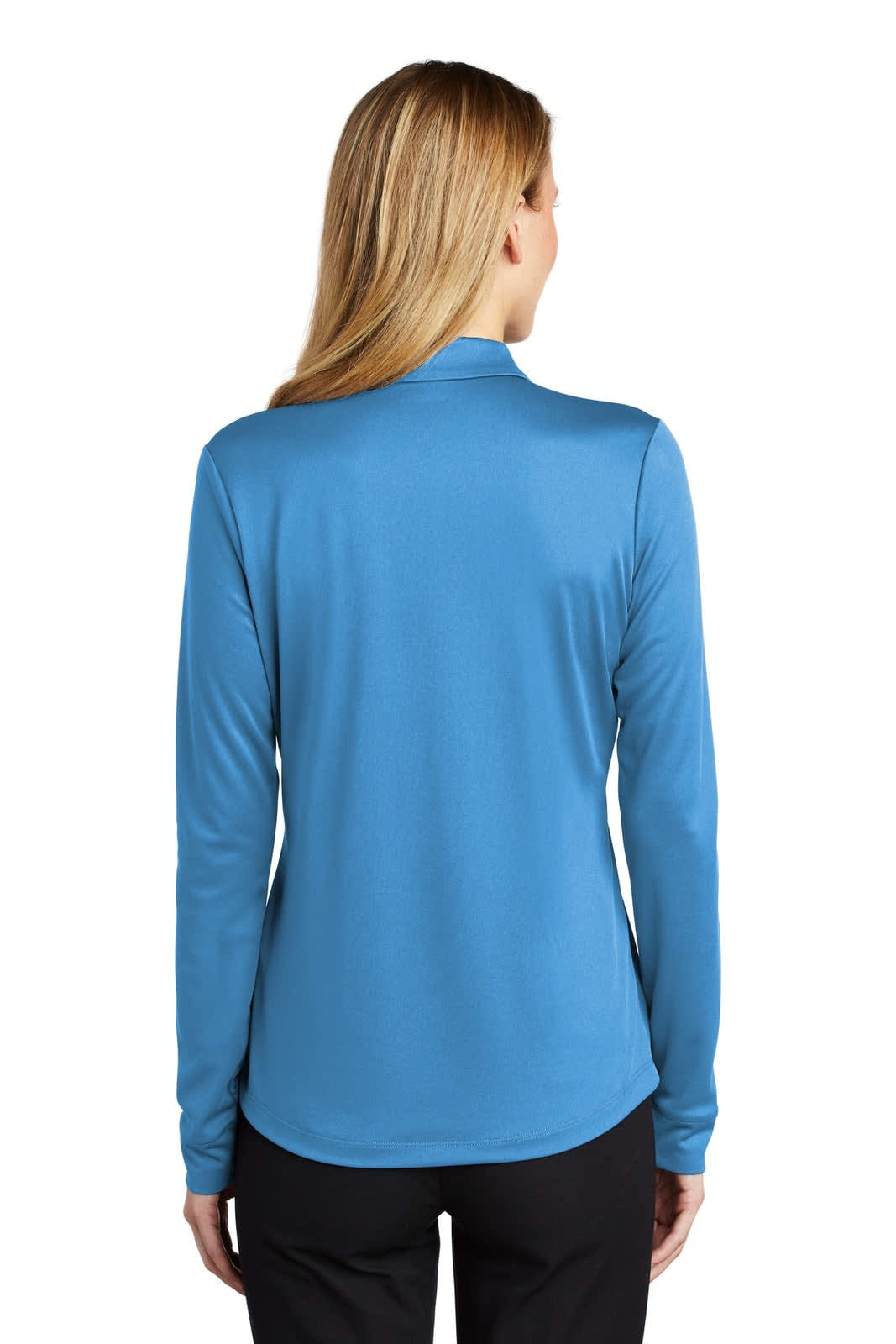 A long sleeve polo shirt in a vibrant blue colour featuring a collar and a logo on the back.
