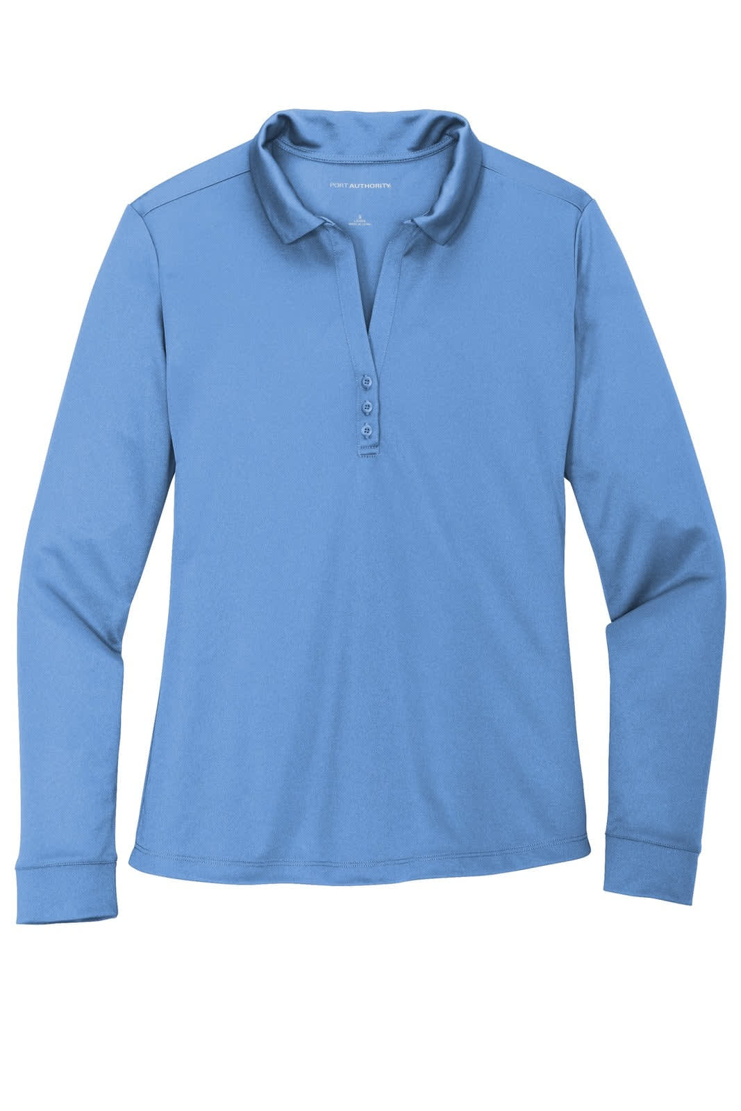 A light blue long sleeve polo shirt with a collar, featuring a button placket and a logo.