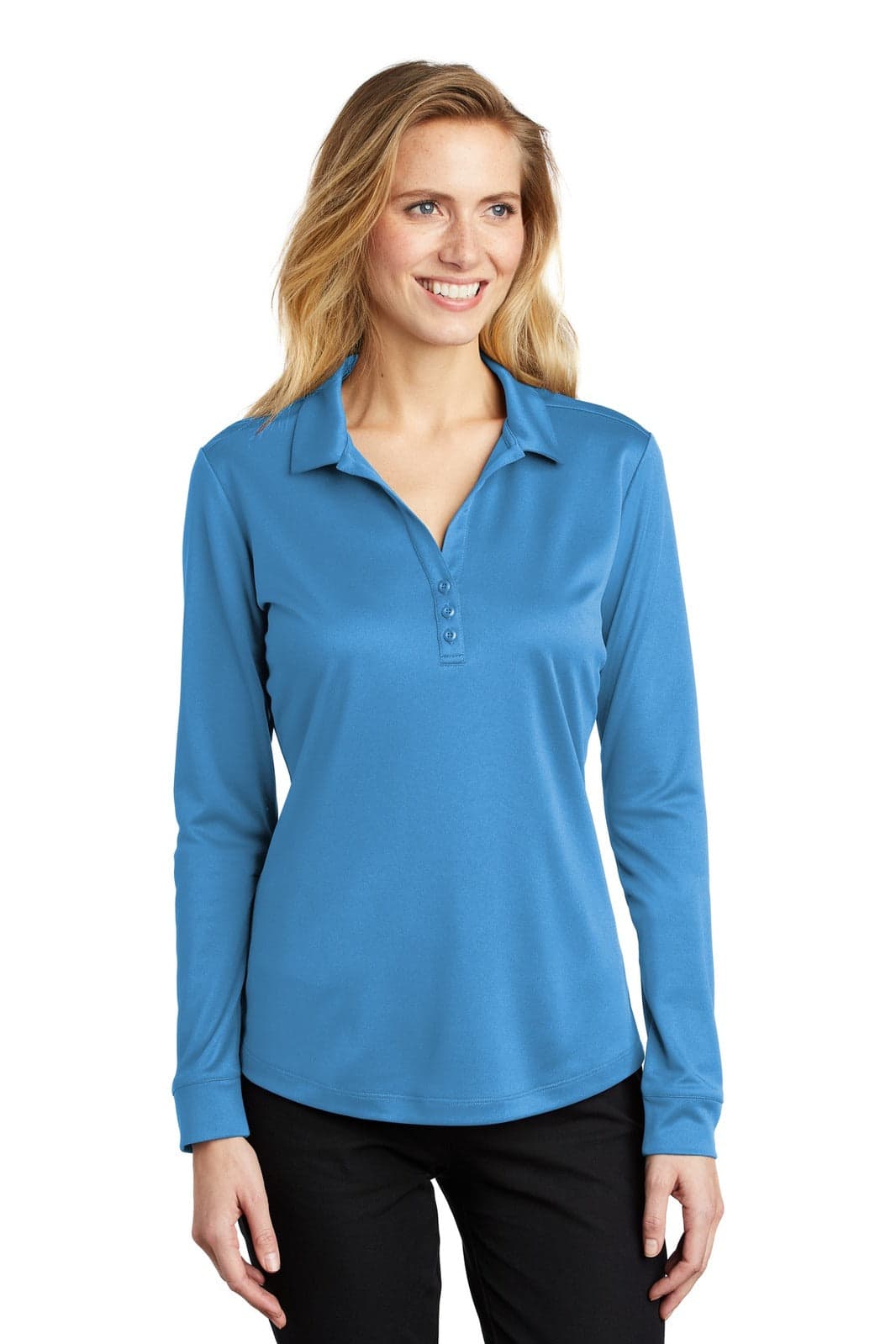A long sleeve polo shirt in a vibrant blue colour, featuring a placket and a logo on the chest.