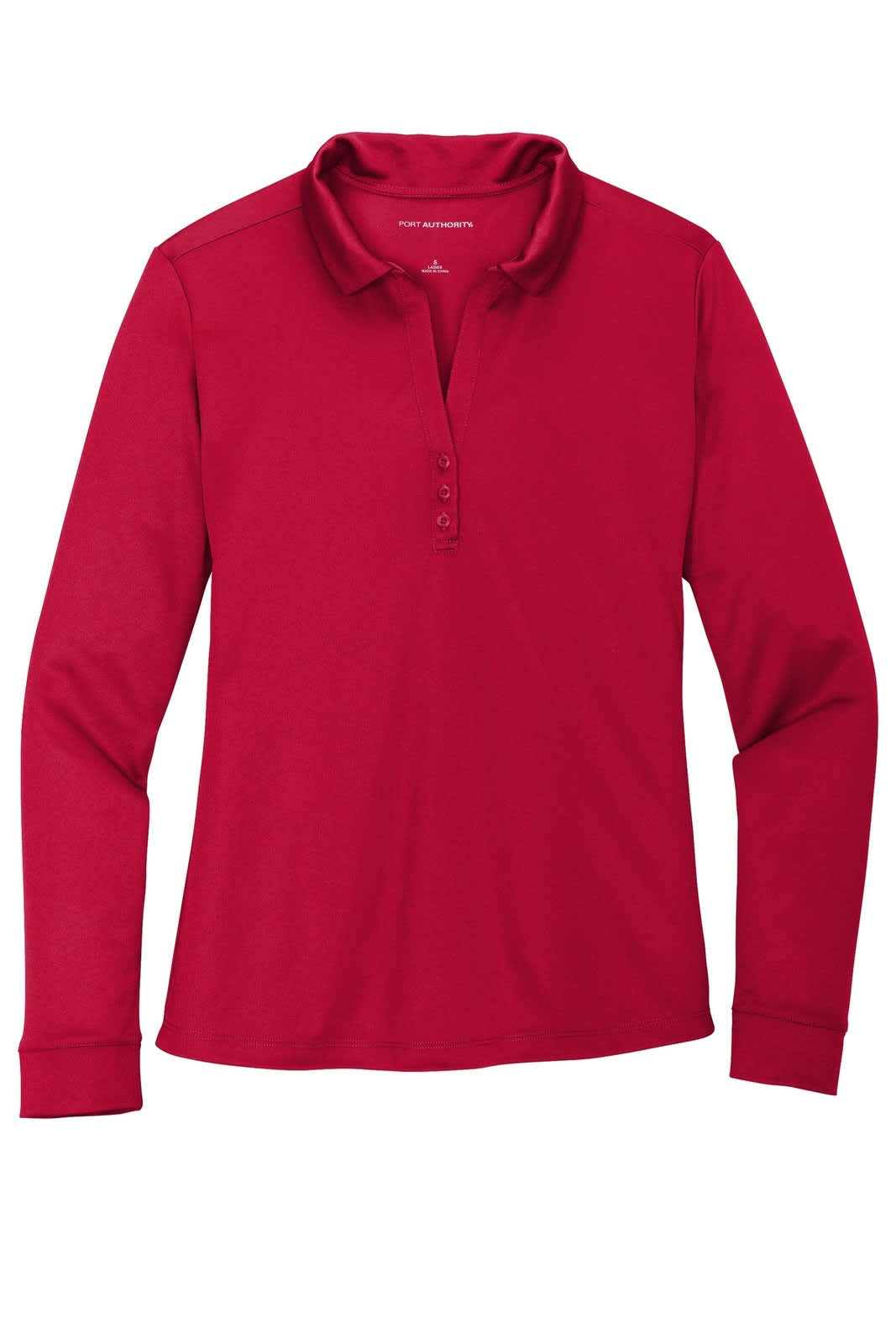 A red long sleeve polo shirt featuring a collar and button placket, with a logo present on the garment.