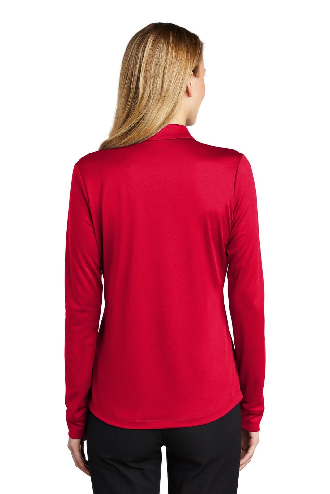 A long sleeve polo shirt in vibrant red, featuring a back view with a smooth fabric finish and logo.