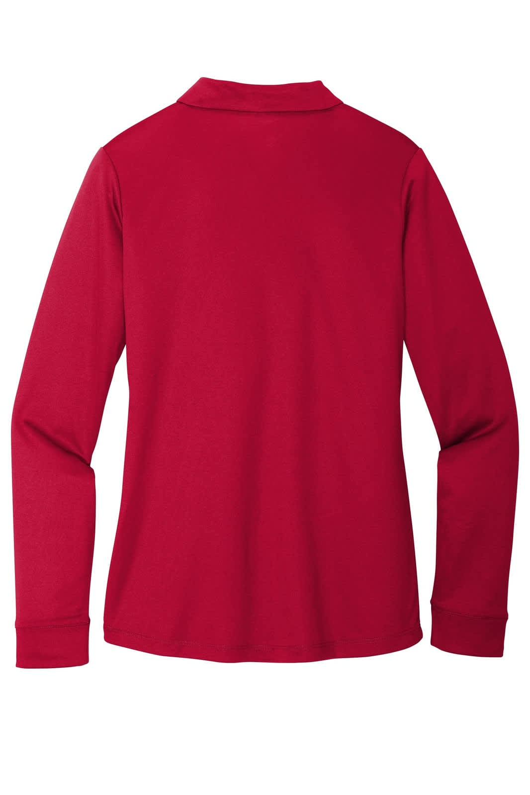 A red long sleeve polo shirt featuring a classic collar and a smooth fabric finish. It has a branding logo.