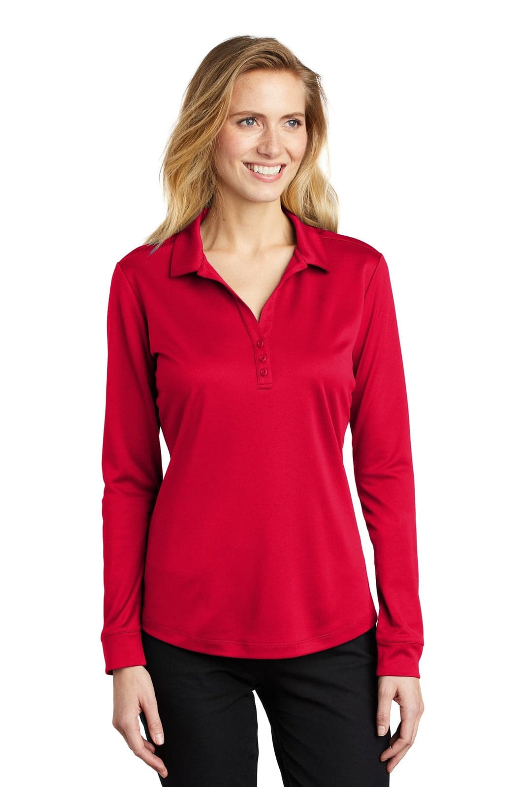 A long sleeve polo shirt in vibrant red, featuring a collar and a button placket, with a logo on the chest.