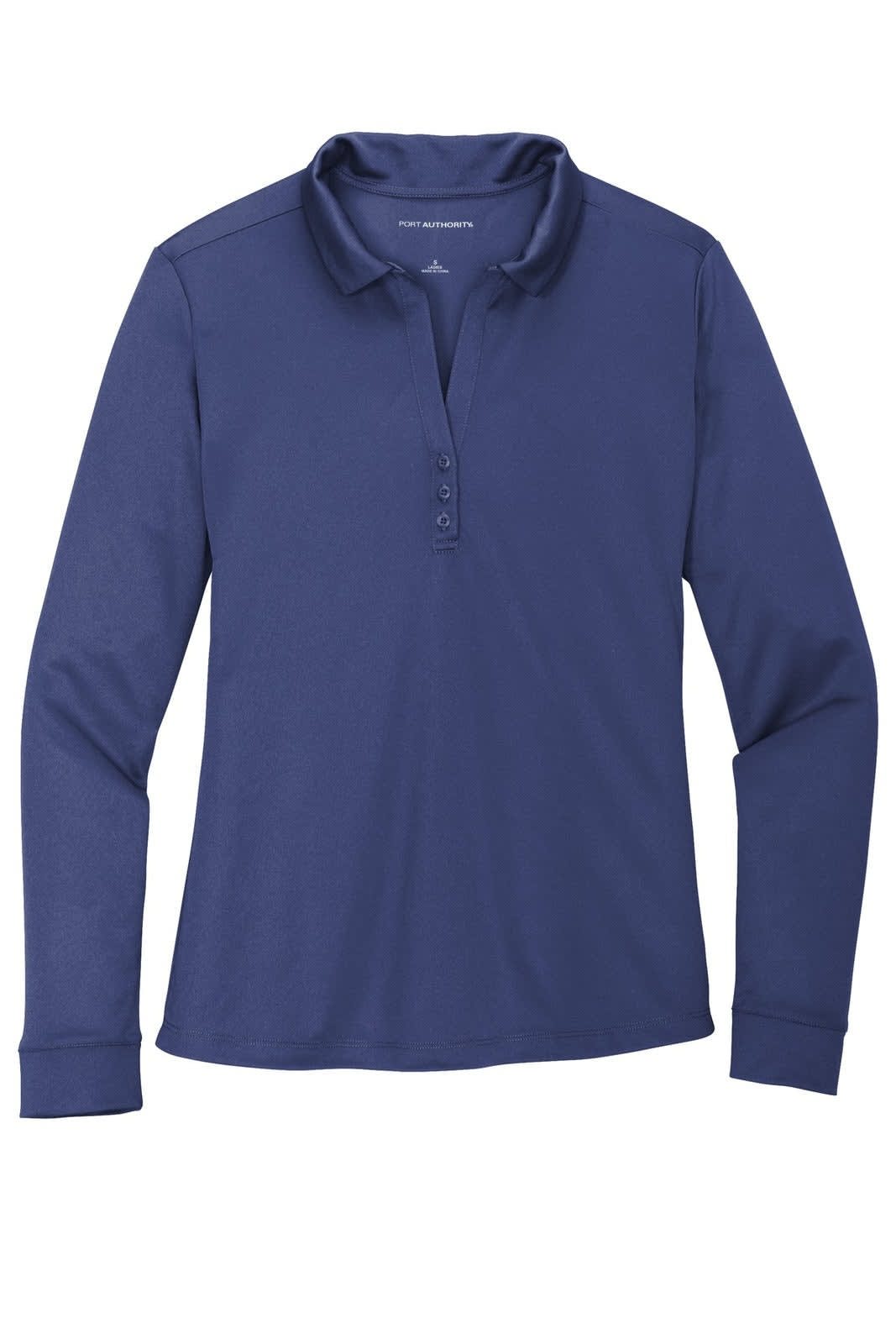 A long sleeve polo shirt in navy blue, featuring a collar, button placket, and a logo on the chest.
