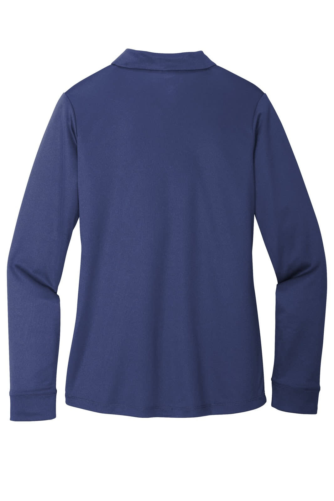 A navy long sleeve polo shirt with a classic collar and a logo on the back.