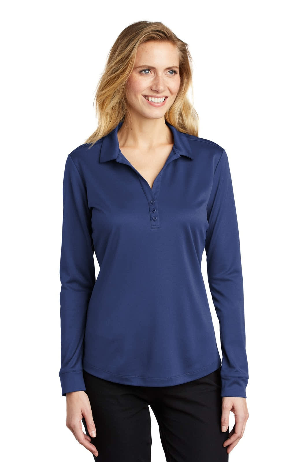 A navy long sleeve polo shirt for women with a collar and a logo, made from performance fabric.
