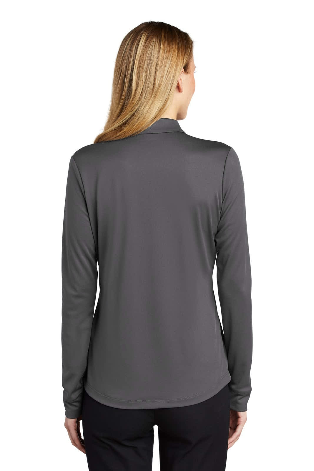 A grey long sleeve polo shirt with a soft fabric texture and a collar, featuring a logo on the back.
