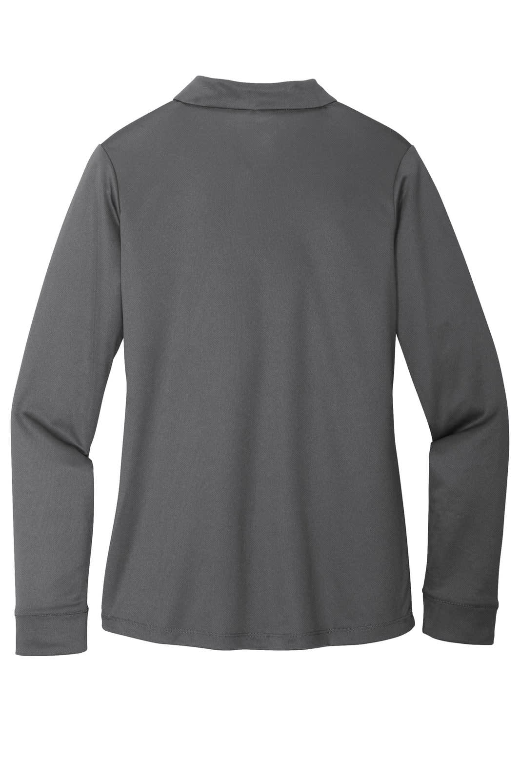 A grey ladies' long sleeve polo shirt with a collar and a logo on the back.