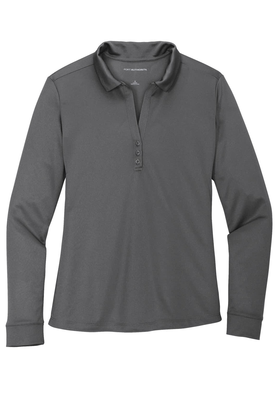 A grey long sleeve polo shirt featuring a button placket and a collar, with an embroidered brand logo.