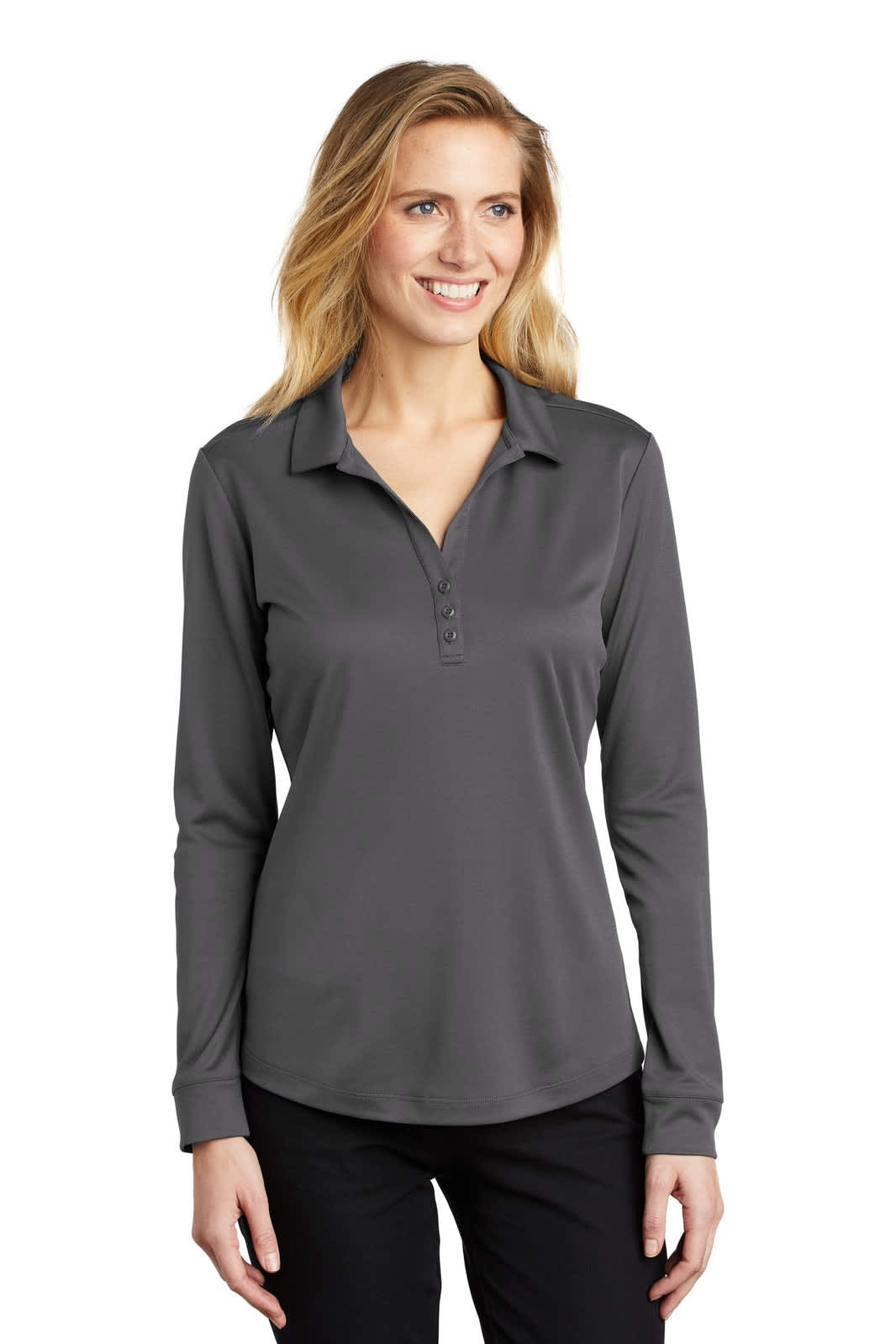 A grey long sleeve polo shirt with a collar and buttons, designed for women, featuring a logo.