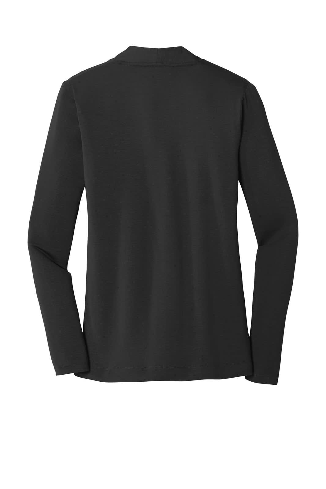 A black cardigan with long sleeves and a simple design, featuring a logo on the back.