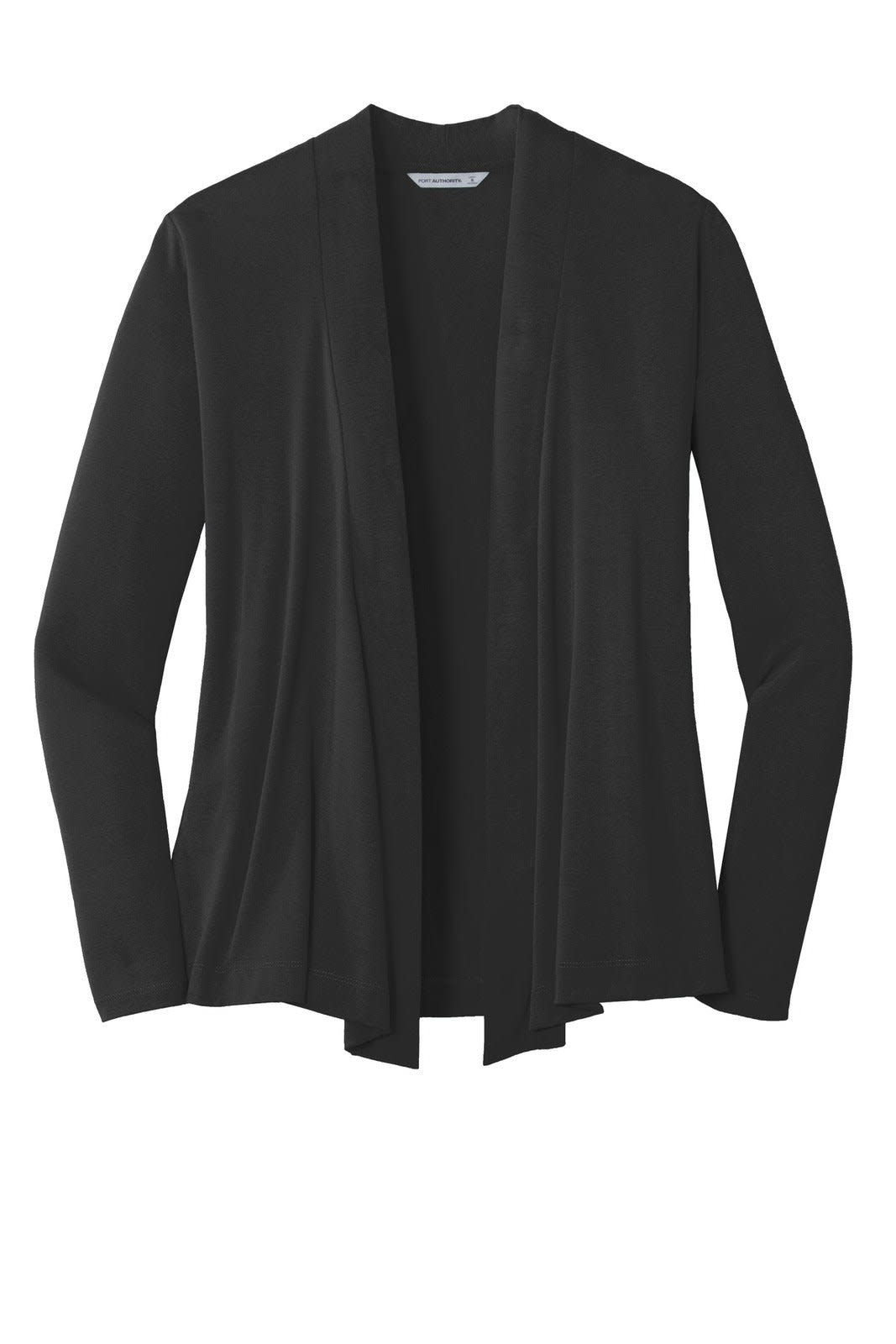 A black knit cardigan featuring an open front design and long sleeves, with a logo present.