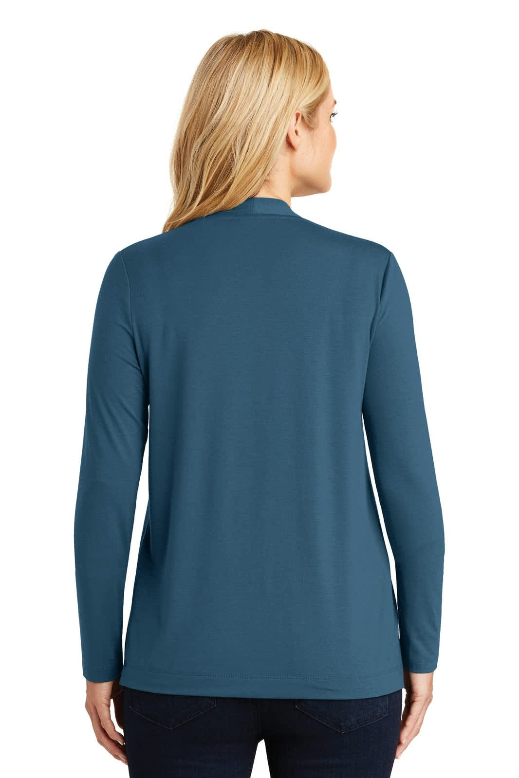 A teal ladies' cardigan featuring long sleeves and a simple design, viewed from the back. It has a logo.