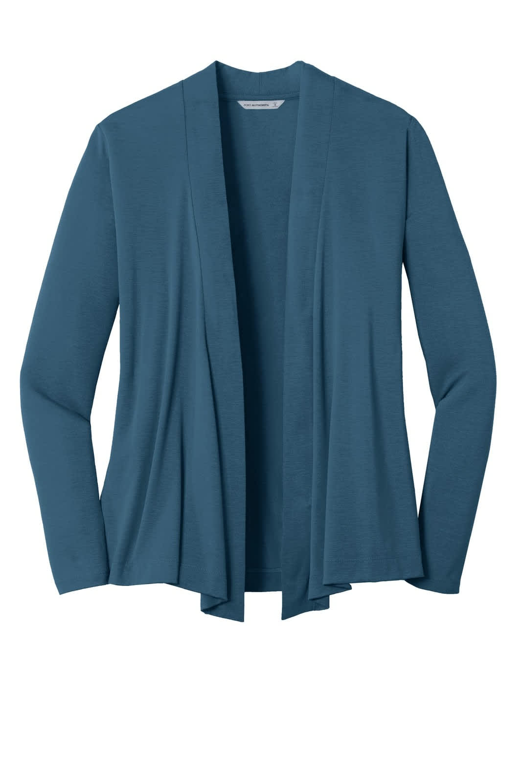 A teal ladies' cardigan featuring a long, open front and long sleeves, with a simple design and no visible branding.