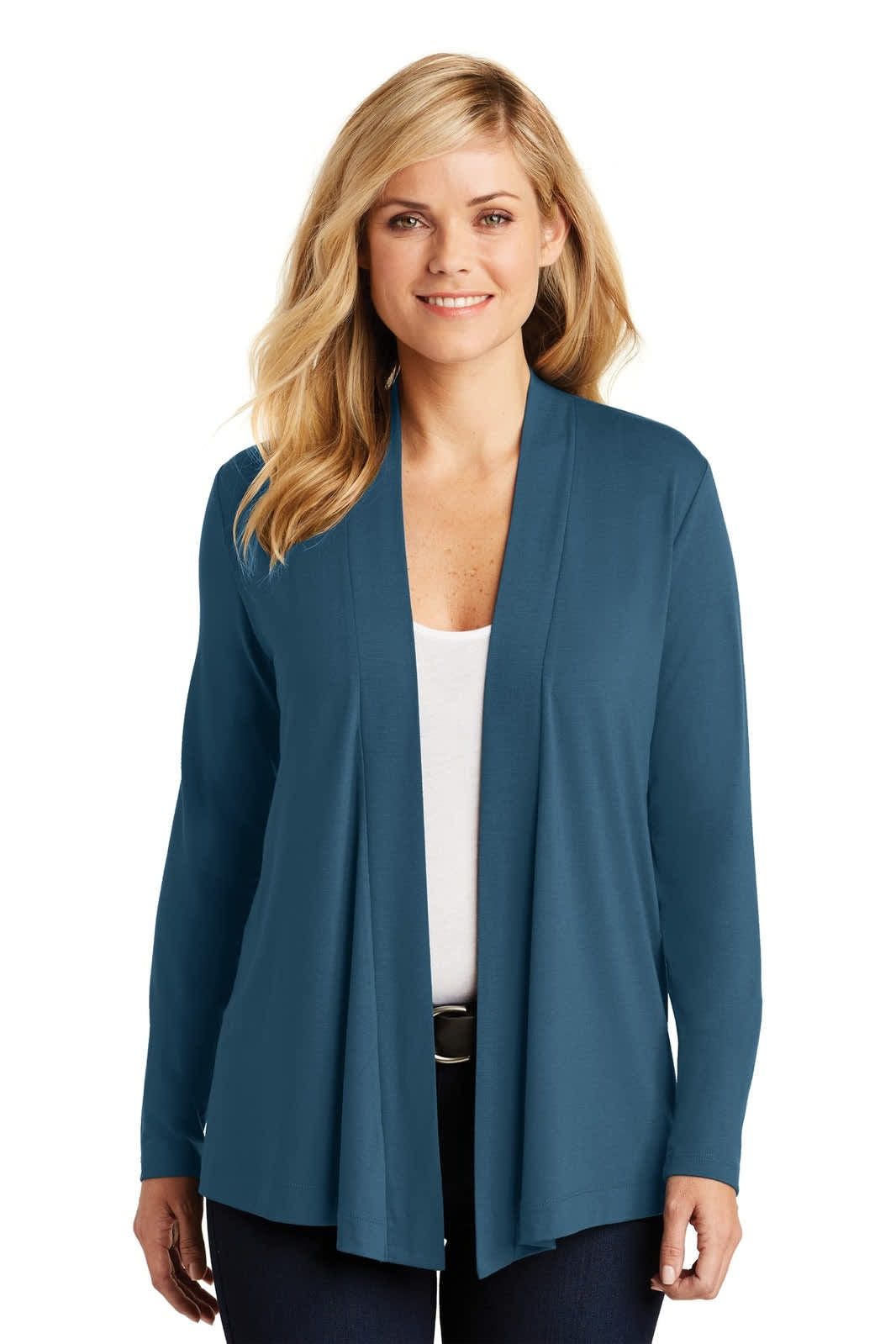 A teal ladies' cardigan featuring an open front and long sleeves, modelled by a woman against a neutral background.