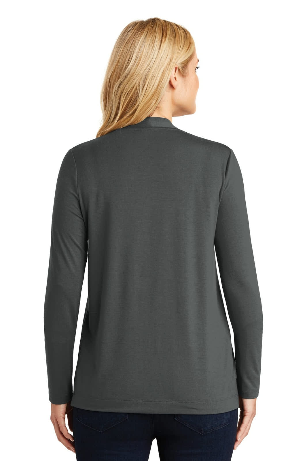 A grey ladies' cardigan with long sleeves, shown from the back, featuring a simple design and a logo.
