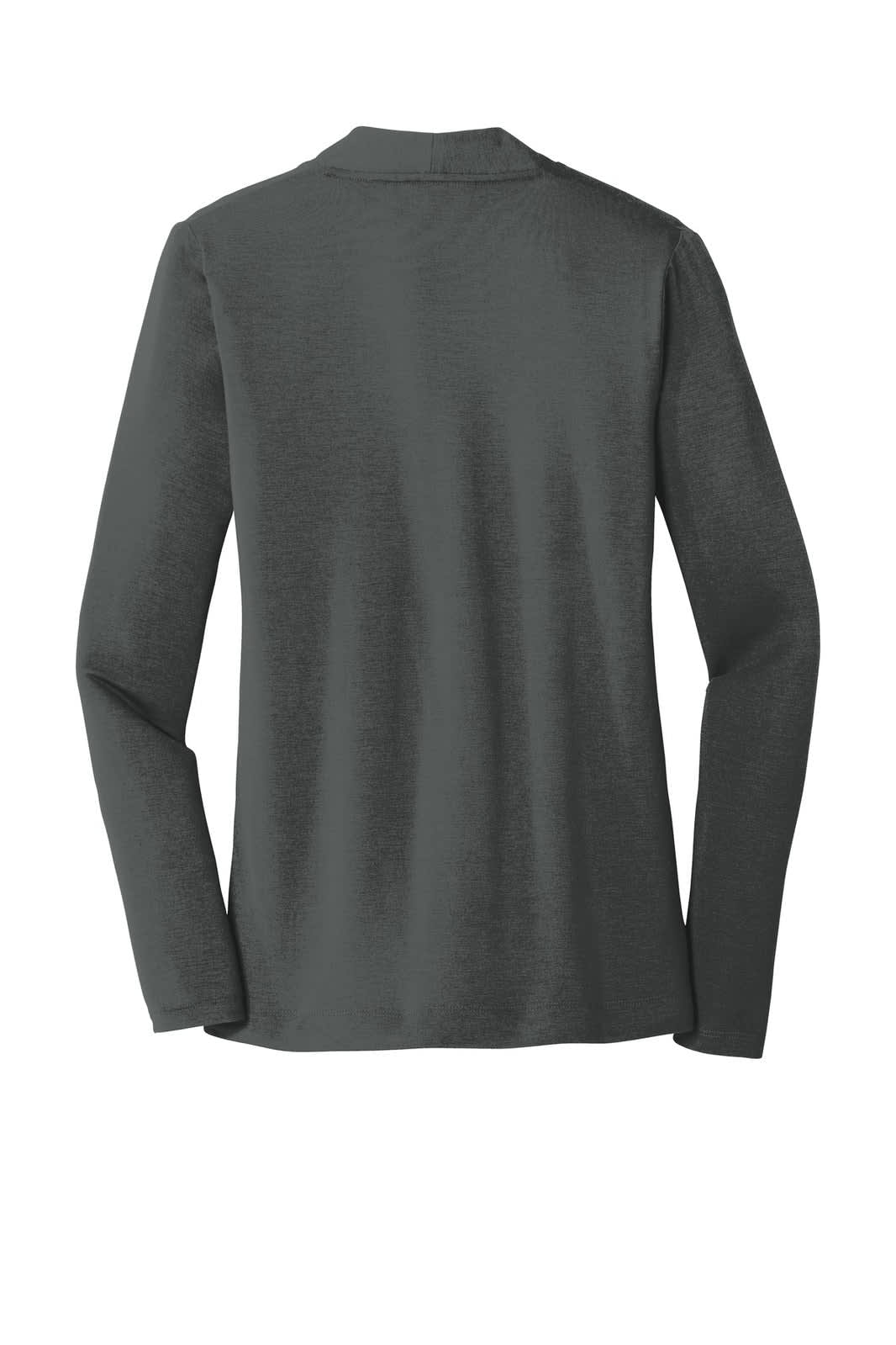 A dark grey cardigan featuring long sleeves and a simple collar design. It has a logo on the back.