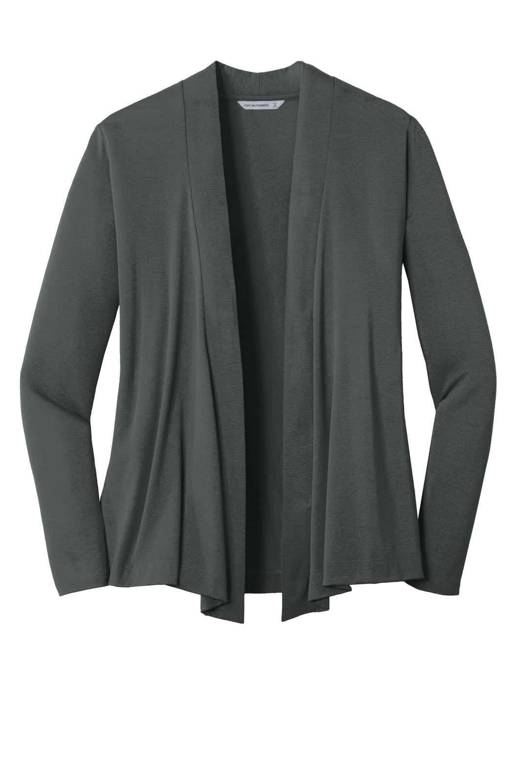 A grey cardigan featuring a draped front and long sleeves, designed for ladies. The item has a logo.