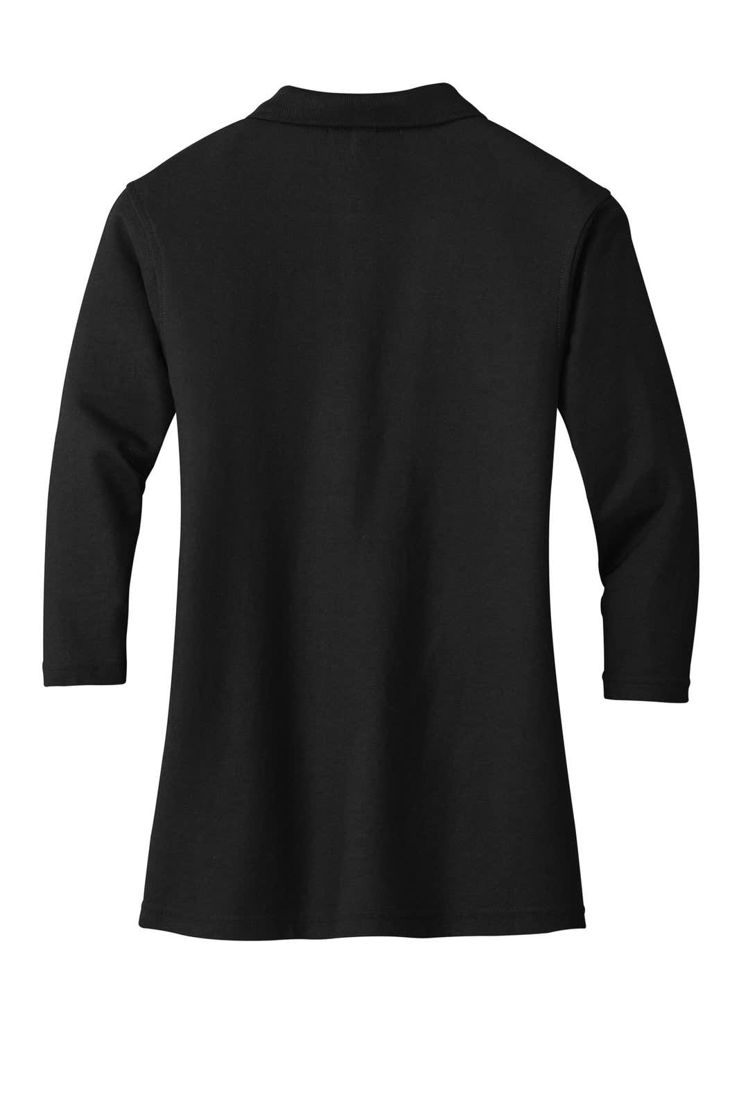 A black Port Authority ladies' 3/4-sleeve polo shirt featuring a collar and a subtle brand logo.