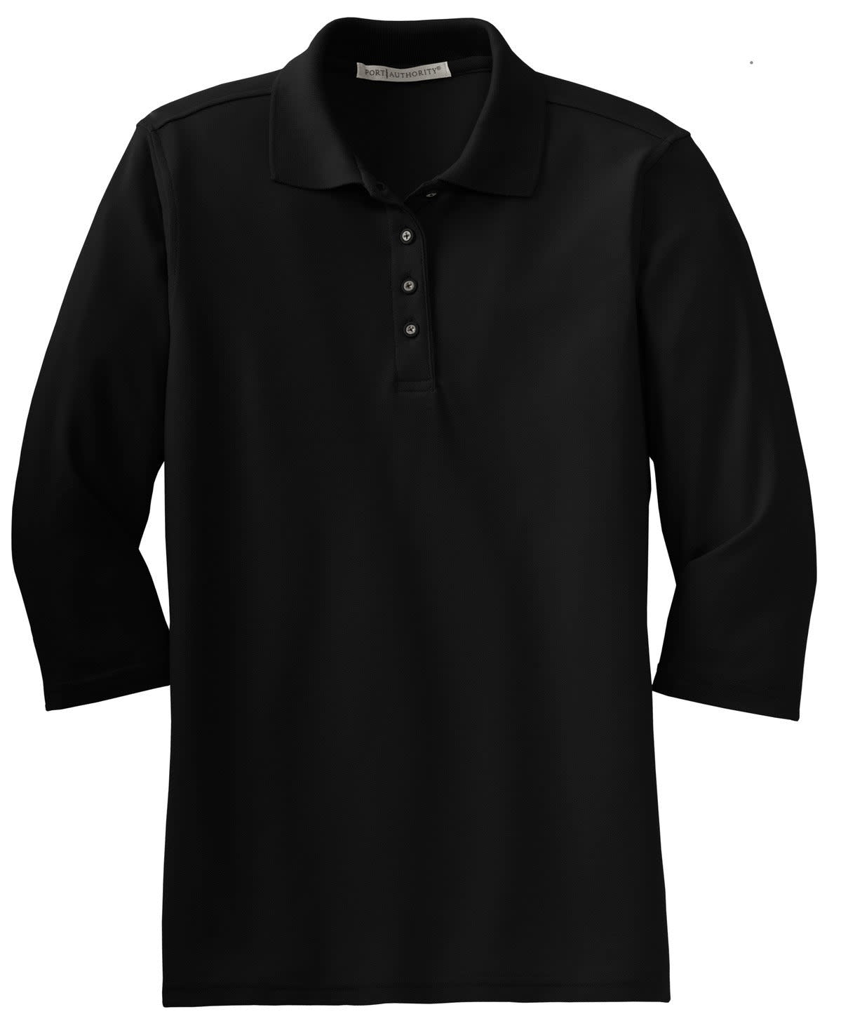 A black women's polo shirt featuring 3/4 sleeves and a front button closure. It includes a logo on the chest.