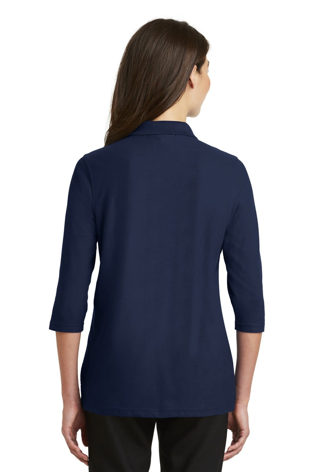 A navy blue ladies' polo shirt with three-quarter sleeves, featuring a back view and a logo.