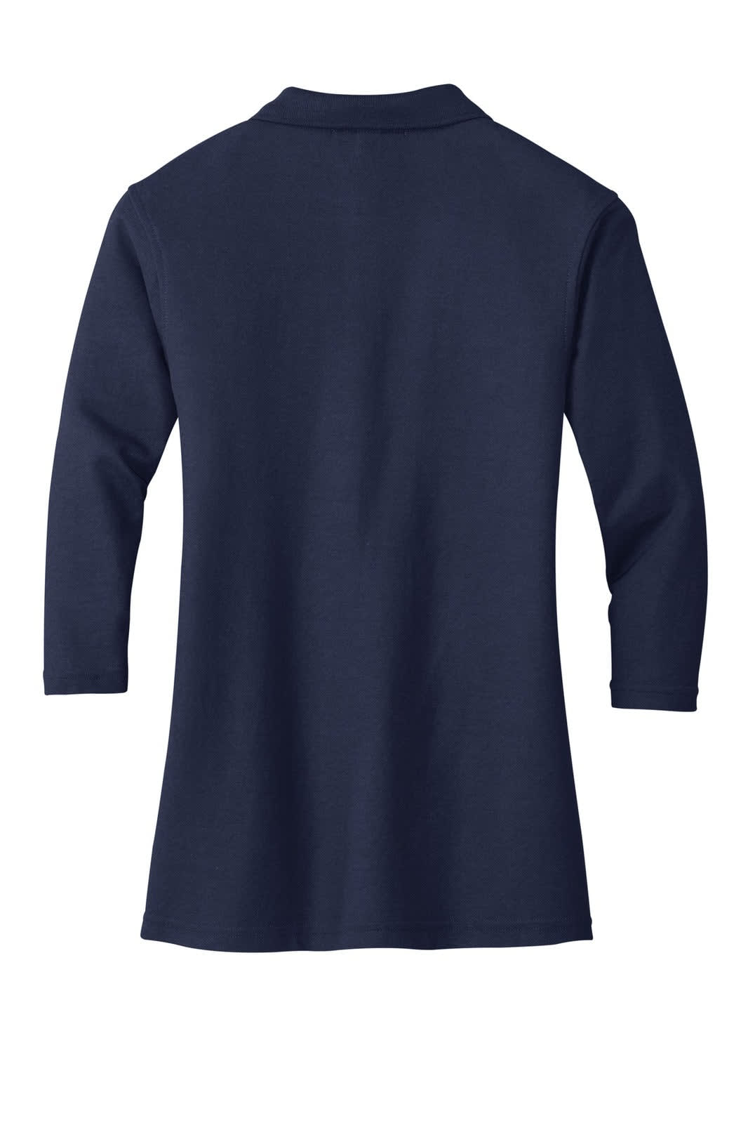 A navy blue three-quarter sleeve polo shirt with a collar and a logo on the back.