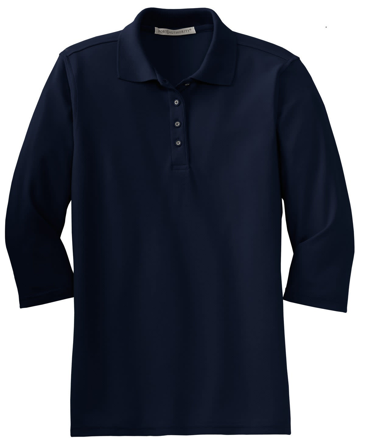A navy blue Port Authority ladies' 3/4-sleeve silk touch polo shirt with a button placket and branding.