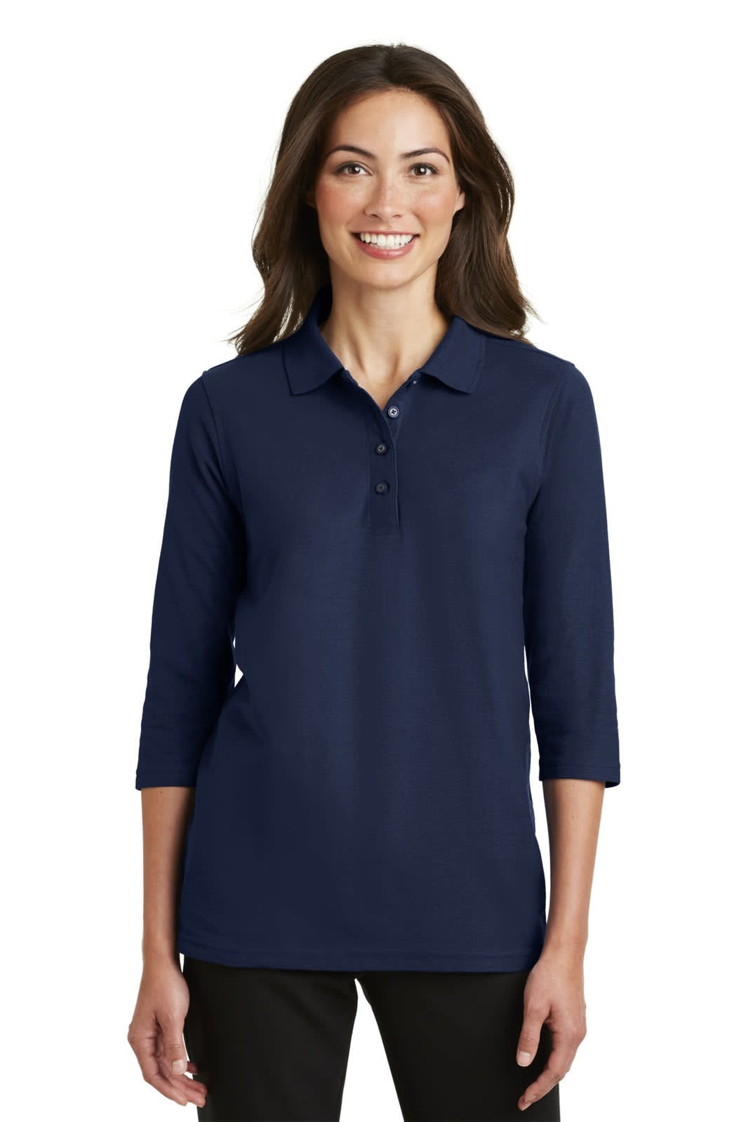 A navy blue ladies' polo shirt with 3/4 sleeves and a collar, featuring a branding logo.