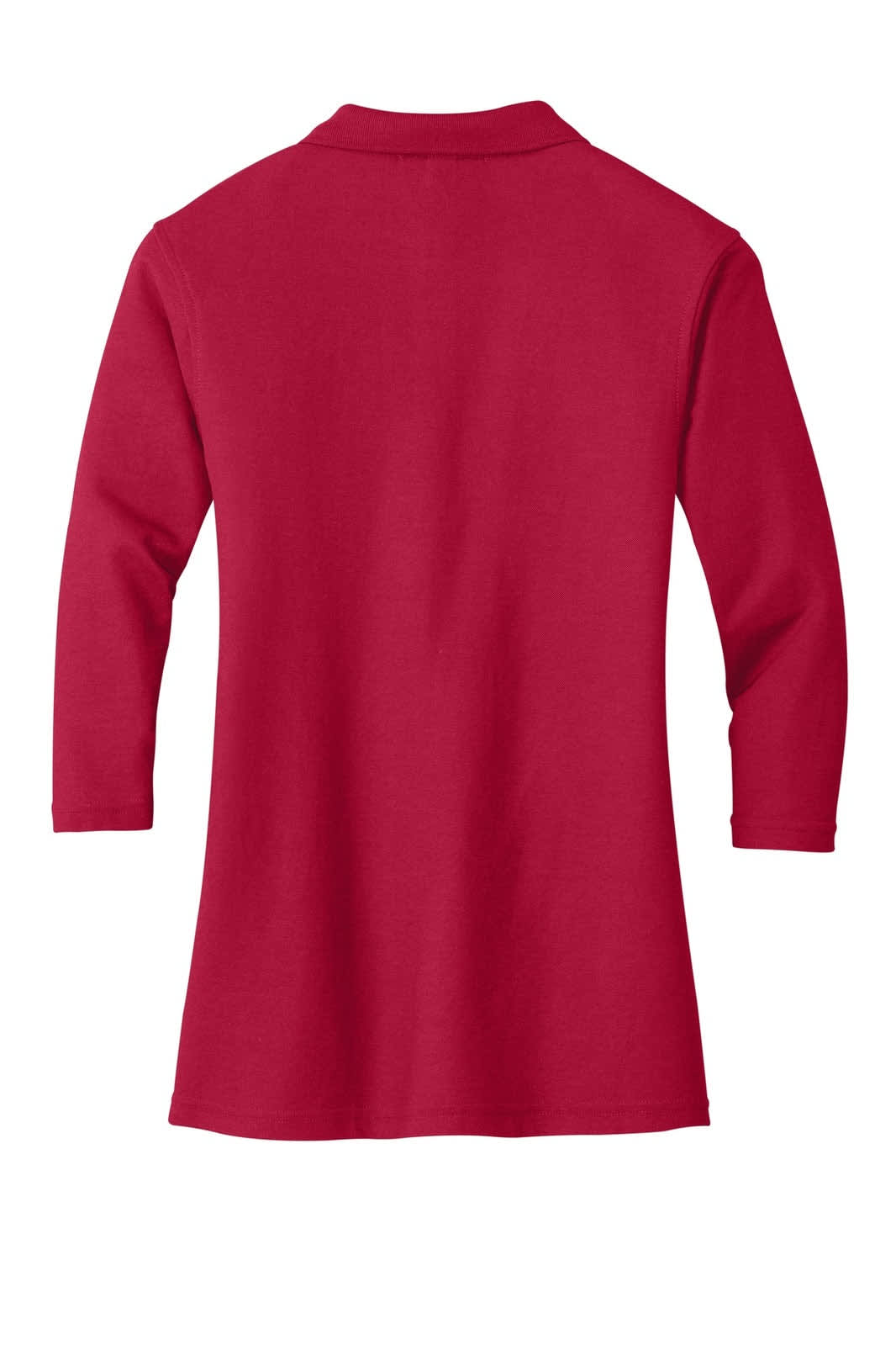 A red Port Authority ladies' 3/4-sleeve polo shirt with a back view, featuring a collar and a sleek design.