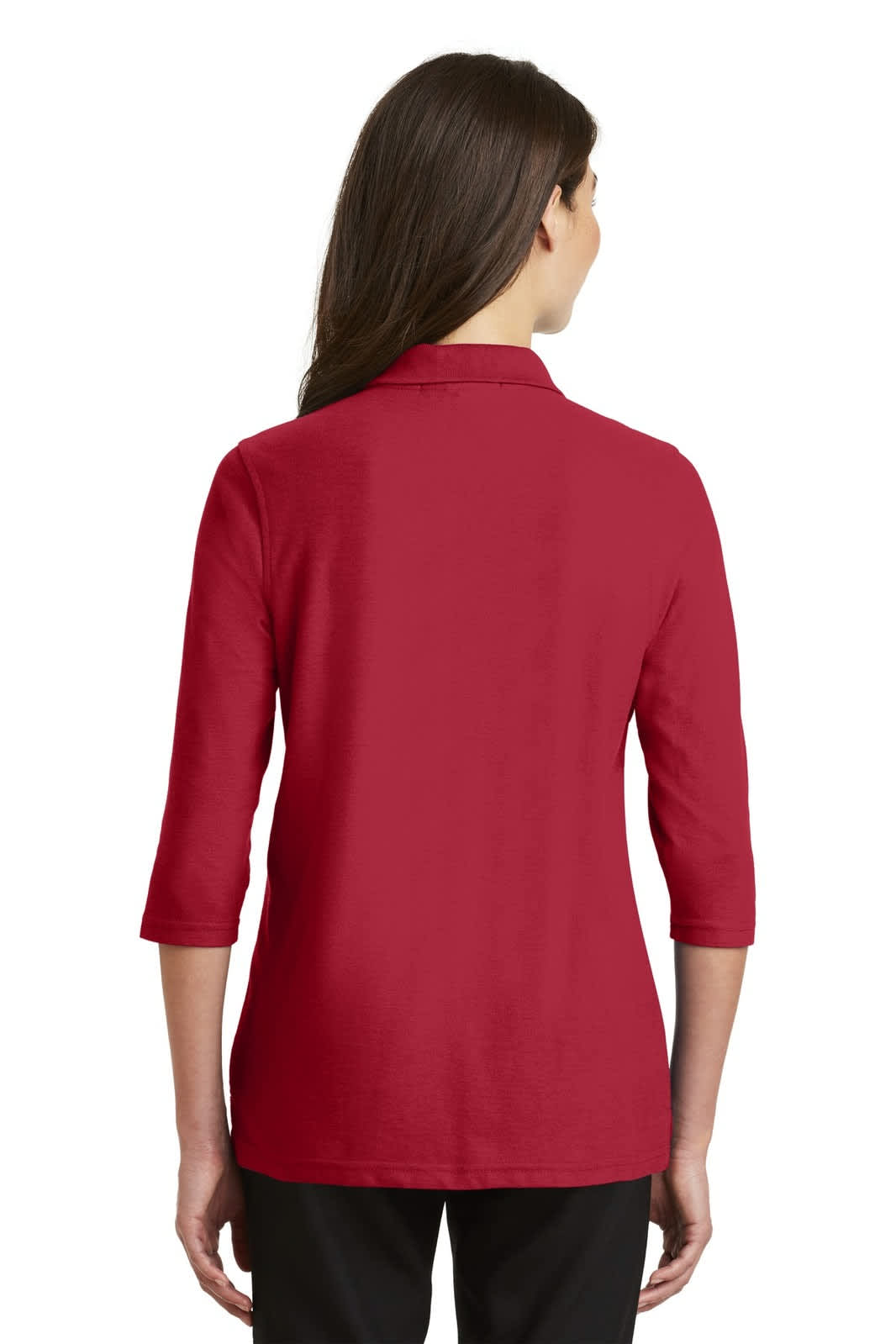 A back view of a red Port Authority ladies' silk touch 3/4-sleeve polo shirt, featuring a collar and a logo.