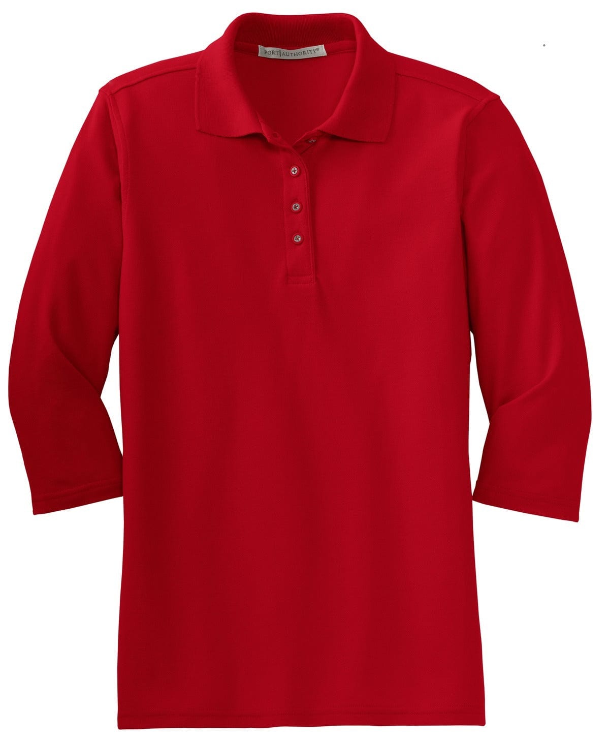A red 3/4-sleeve polo shirt made of silk touch fabric, featuring a collar and buttons, with a logo present.