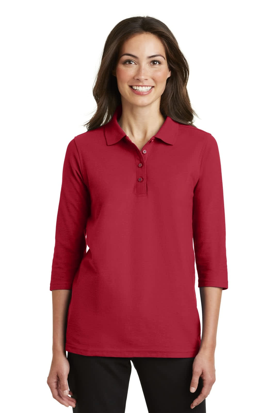 A red Ladies Silk Touch 3/4-Sleeve Polo shirt with a collar and buttons, featuring a logo.