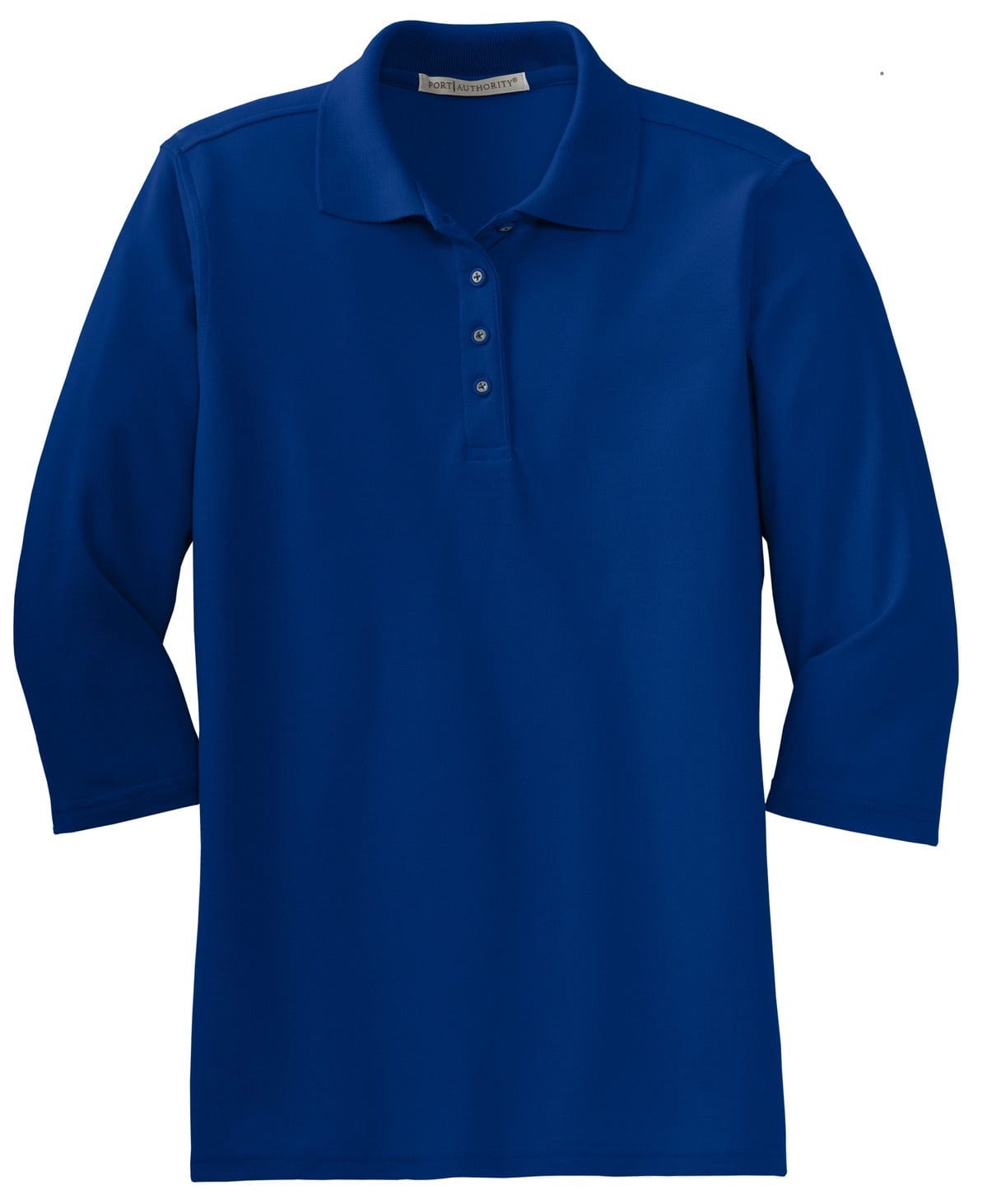 A blue ladies' polo shirt with three-quarter sleeves, featuring a collar and button details, along with a logo.