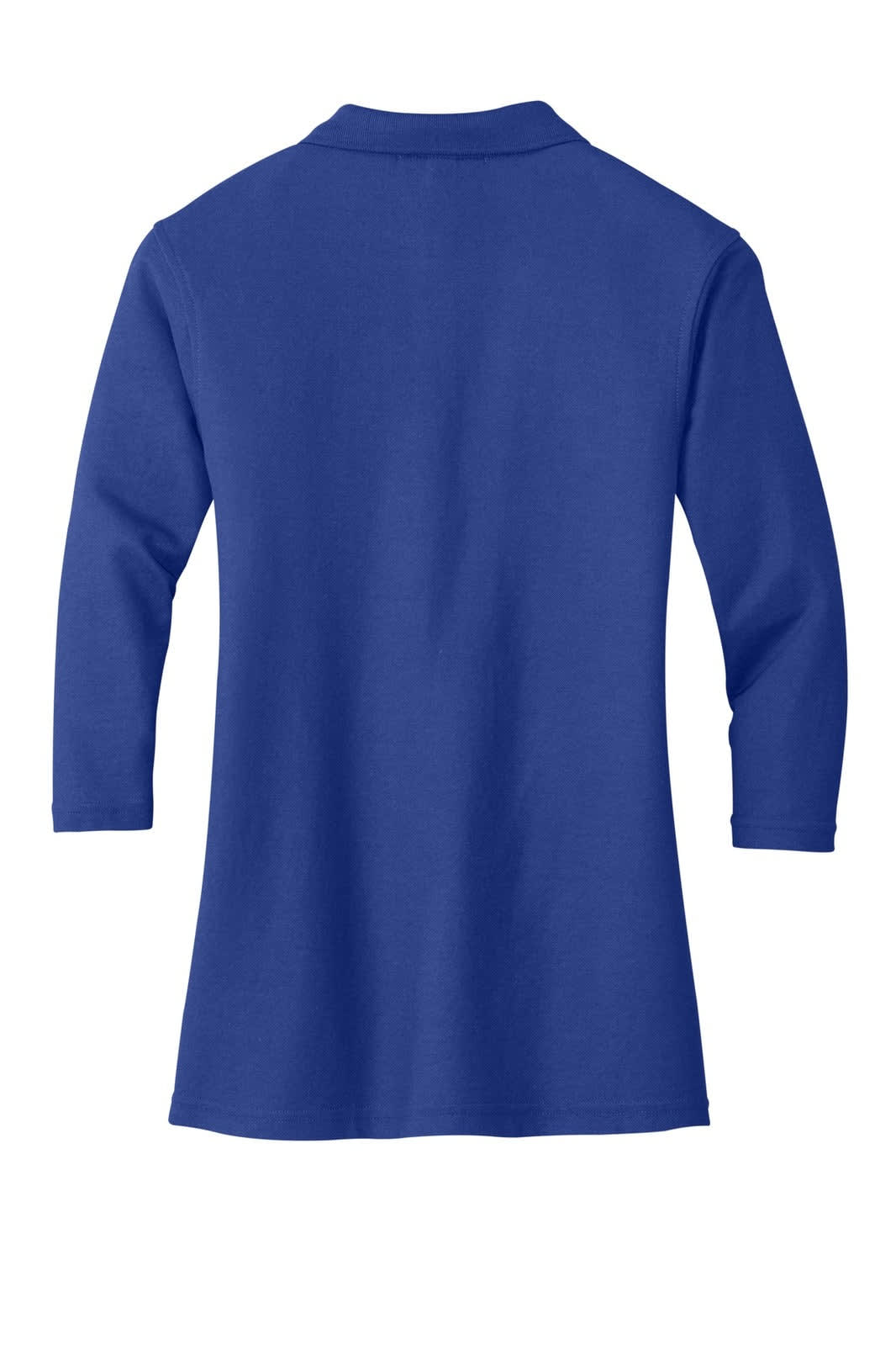 A blue ladies' polo shirt with 3/4 sleeves, featuring a collar and a back view. It includes a branding logo.