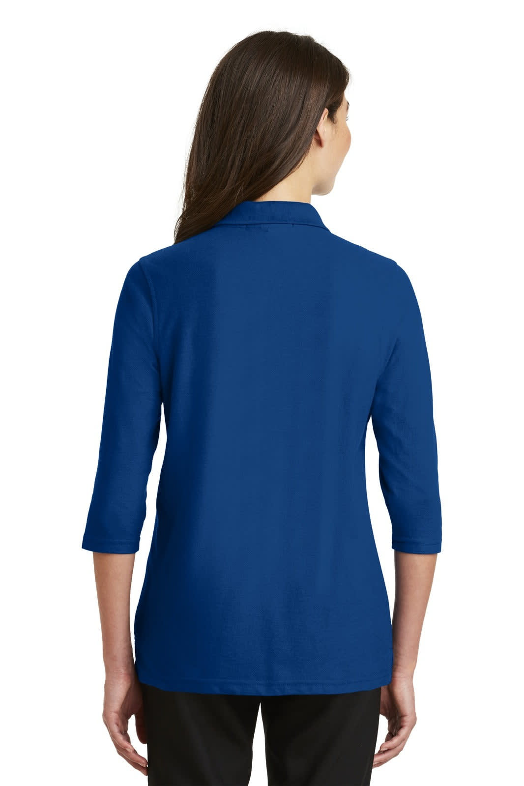 A blue ladies' polo shirt with 3/4 sleeves, featuring a collar and a logo on the back.