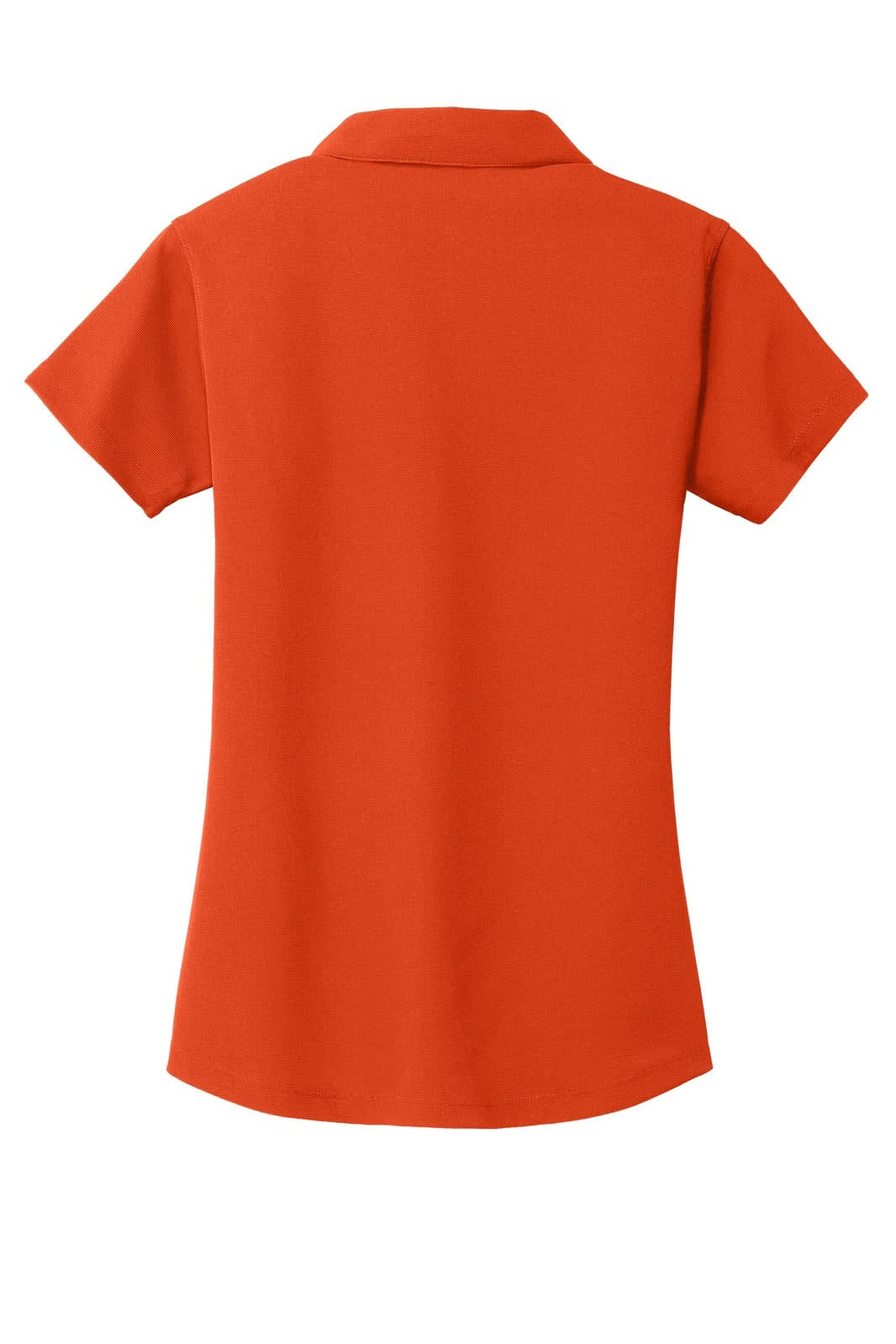 A ladies' polo shirt in bright orange with a collar and short sleeves, featuring a branding logo.