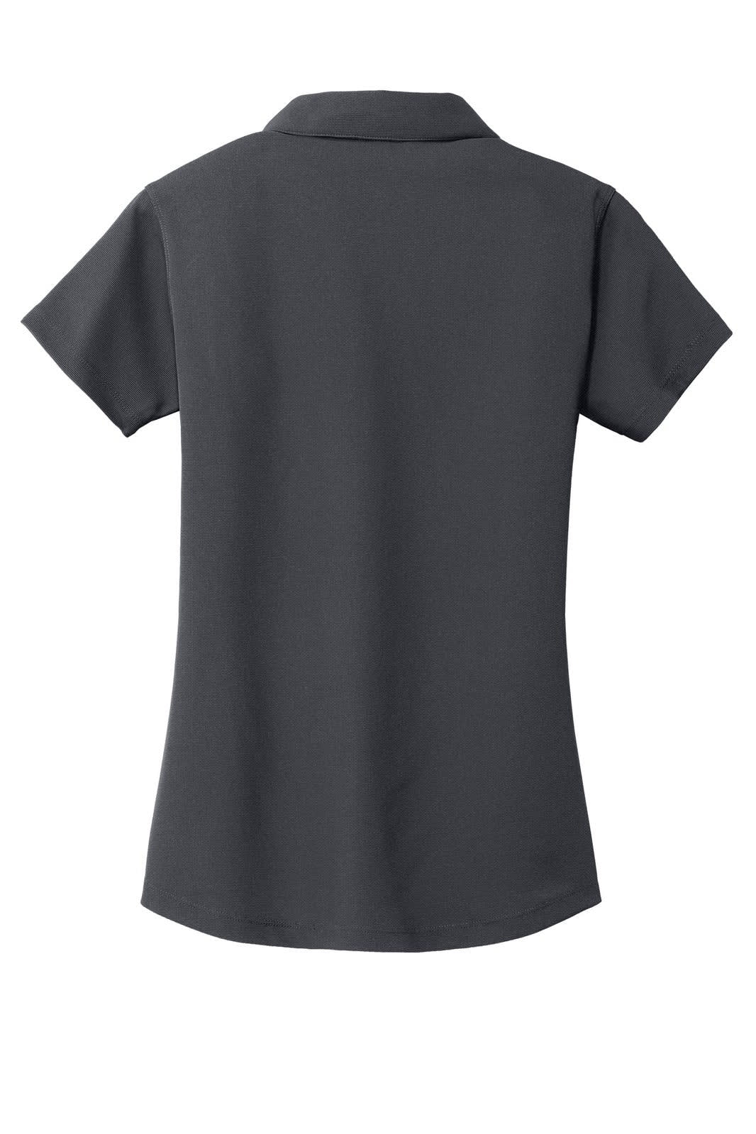 A grey women's polo shirt with a collar and short sleeves, featuring a logo on the back.